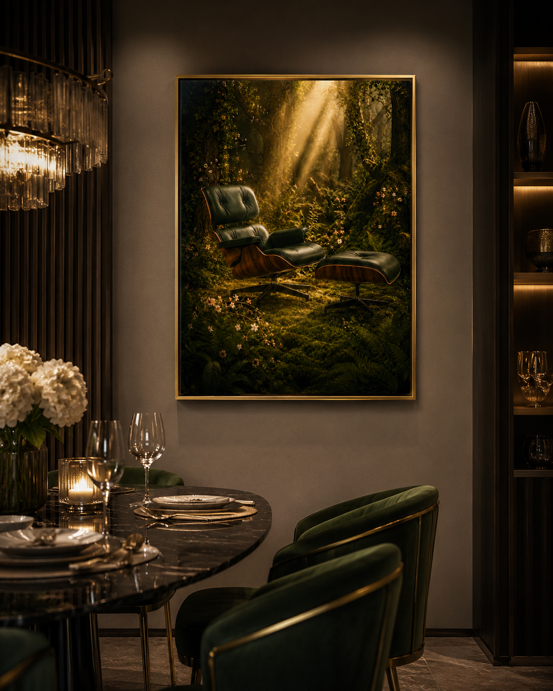 A framed vertical art print depicting a dark green lounge chair in a sunlit forest, displayed on a dark gray wall in a luxury dining room setting.

Going Off Grid was always the plan. An Eames Lounge Chair and Ottoman-inspired piece, dark leather and moulded plywood shells, sits in a deep forest clearing as golden shafts of light break through the canopy above. Wildflowers and ferns press in from every side, the air is thick with green and gold, and the chair looks exactly as it should, completely at ease,