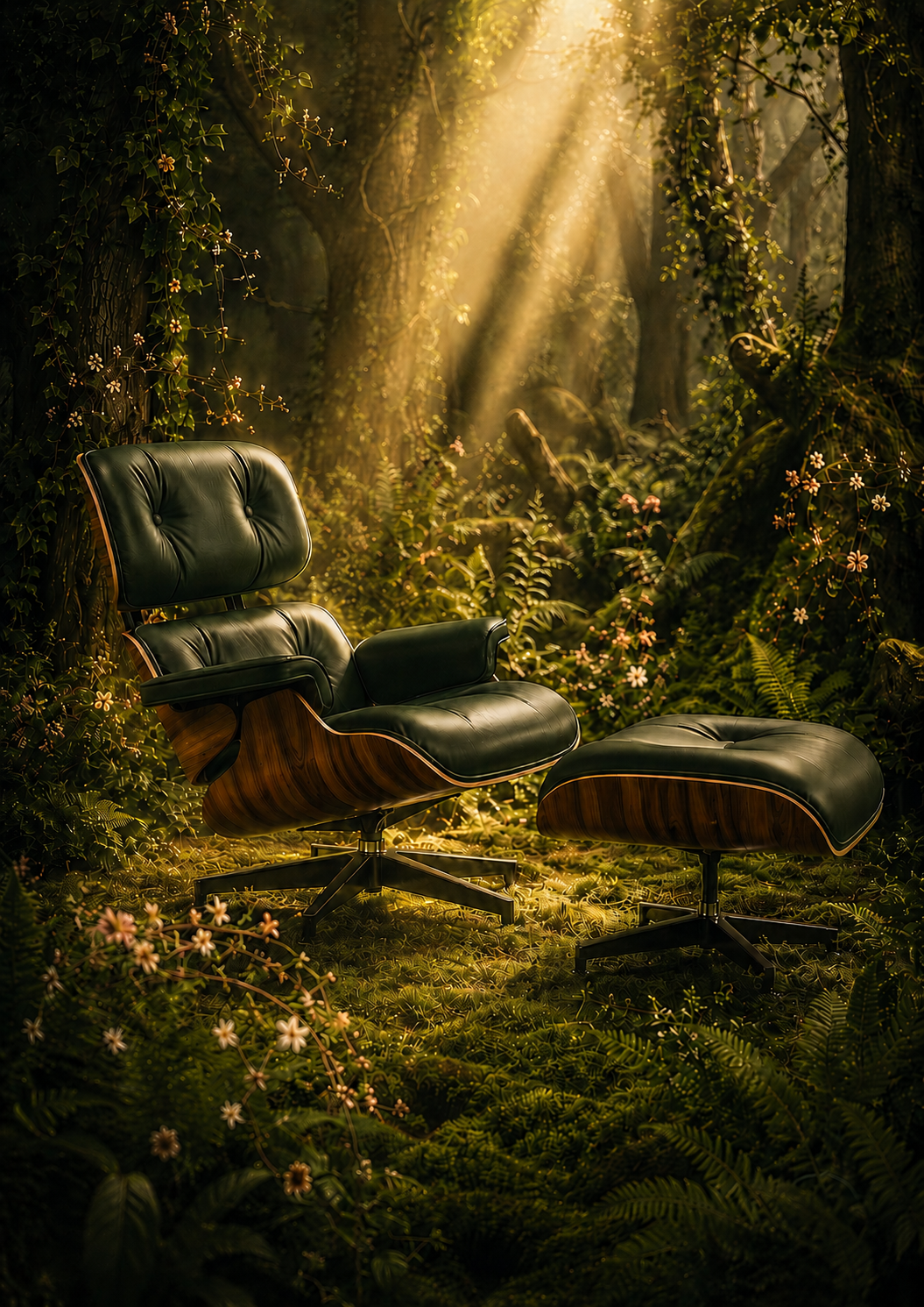 A black leather lounge chair with a matching ottoman placed in a mossy forest clearing with sunbeams filtering through trees.

Going Off Grid was always the plan. An Eames Lounge Chair and Ottoman-inspired piece, dark leather and moulded plywood shells, sits in a deep forest clearing as golden shafts of light break through the canopy above. Wildflowers and ferns press in from every side, the air is thick with green and gold, and the chair looks exactly as it should, completely at ease, entirely unbothered, 