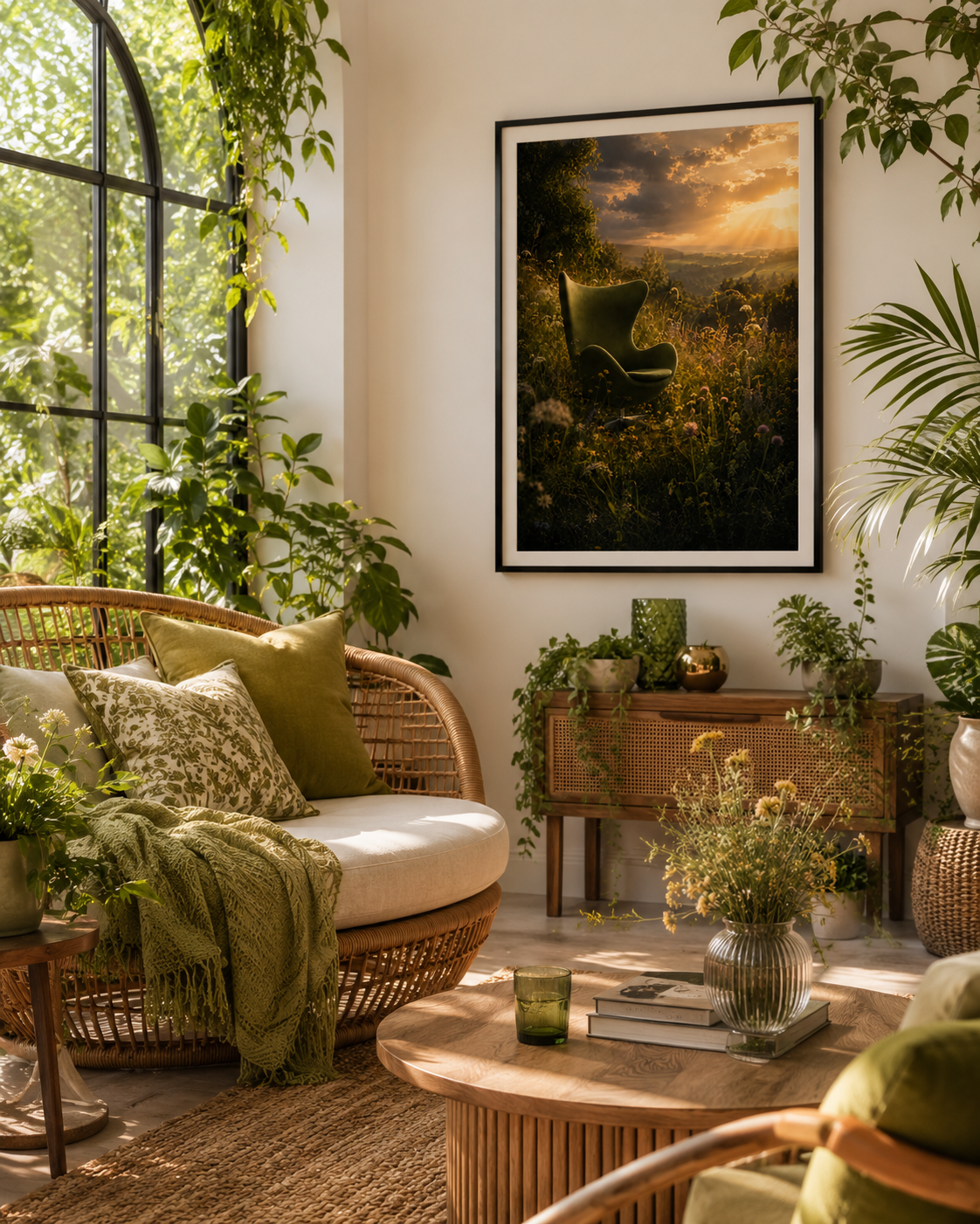 A framed landscape art print hangs on a warm beige wall in a lush, sunlit living room filled with green plants, a wicker sofa, and a round wooden coffee table.

Existential Crisis Sorted is for the moment you stop overthinking and simply sit down somewhere beautiful. An Egg Chair-inspired silhouette rests in a wild meadow at golden hour, surrounded by tumbling wildflowers, deep olive grasses and a sky that cannot decide between storm and sunset. It is moody, romantic, and deeply, quietly satisfying.