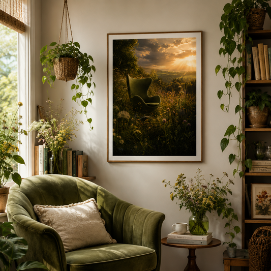 A framed landscape art print hangs on a beige wall in a cozy, sunlit room. The print depicts a dark green armchair in a grassy field at sunset.

Existential Crisis Sorted is for the moment you stop overthinking and simply sit down somewhere beautiful. An Egg Chair-inspired silhouette rests in a wild meadow at golden hour, surrounded by tumbling wildflowers, deep olive grasses and a sky that cannot decide between storm and sunset. It is moody, romantic, and deeply, quietly satisfying.