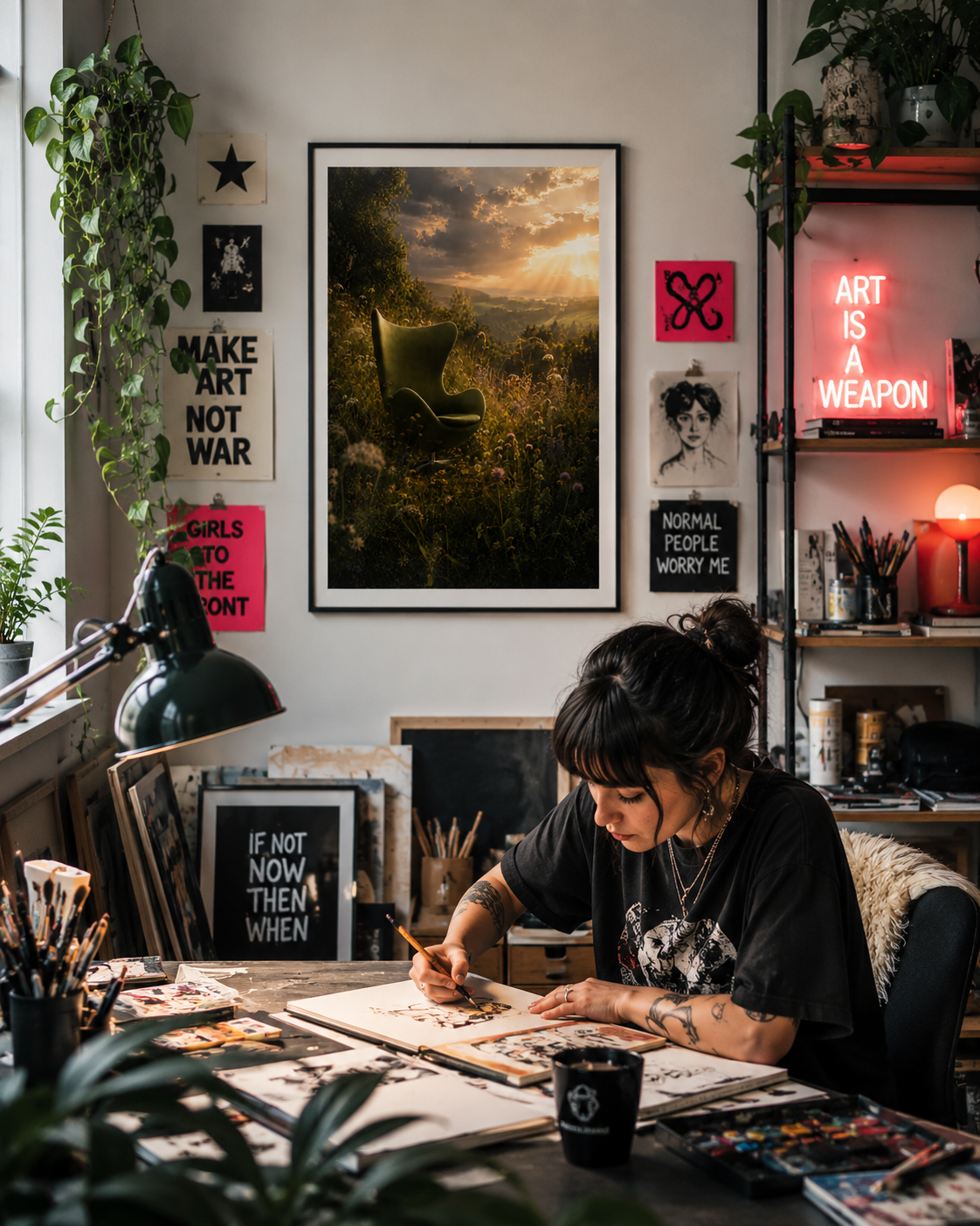 A woman sits at a desk in a creative studio, drawing in a notebook. The room is decorated with framed art prints, posters, shelves with supplies, and plants.

Existential Crisis Sorted is for the moment you stop overthinking and simply sit down somewhere beautiful. An Egg Chair-inspired silhouette rests in a wild meadow at golden hour, surrounded by tumbling wildflowers, deep olive grasses and a sky that cannot decide between storm and sunset. It is moody, romantic, and deeply, quietly satisfying.