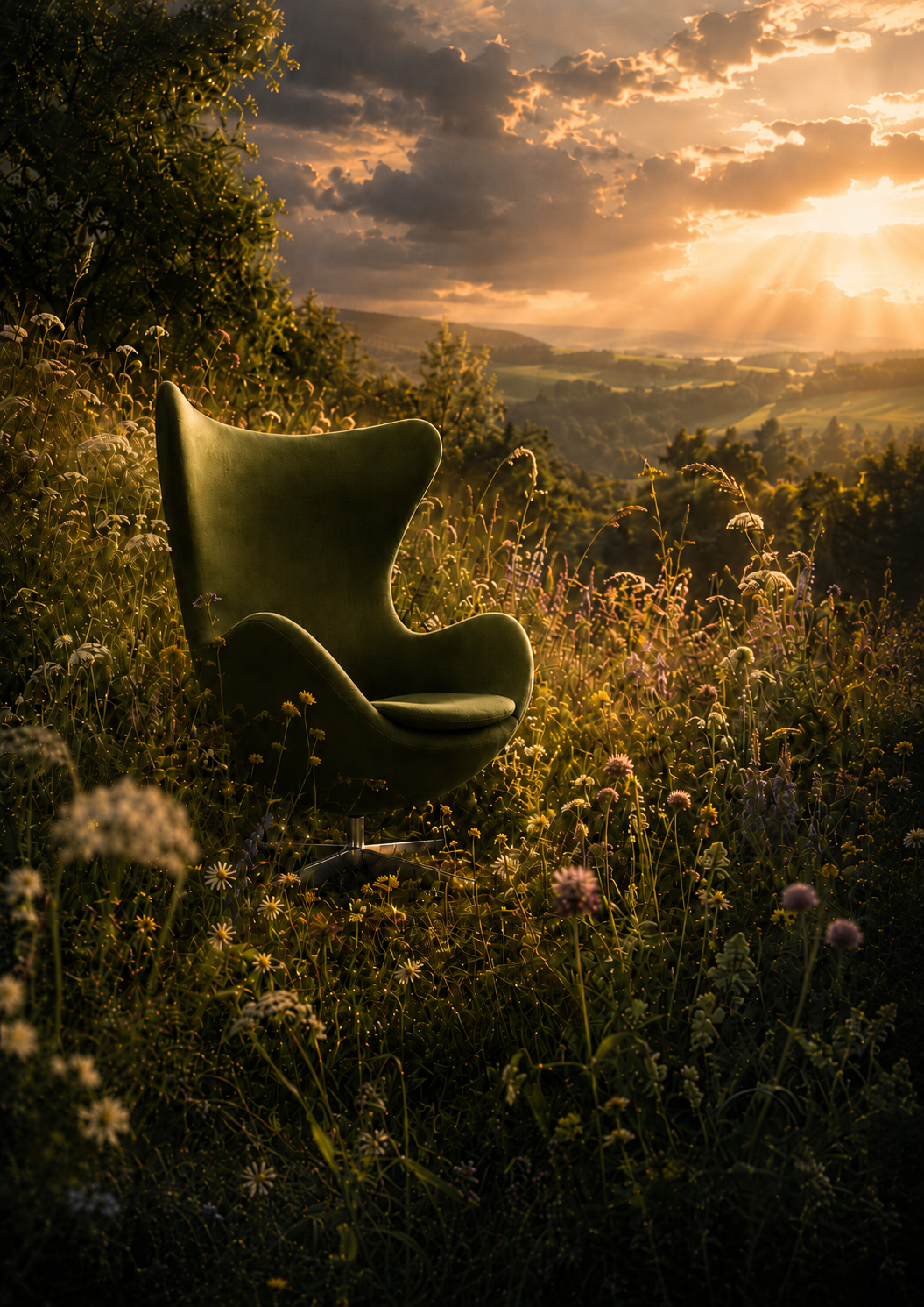 A dark green sculptural egg lounge chair placed in a wildflower meadow at sunset, with rolling hills and dramatic sun rays in the sky behind it. Existential Crisis Sorted is for the moment you stop overthinking and simply sit down somewhere beautiful. An Egg Chair-inspired silhouette rests in a wild meadow at golden hour, surrounded by tumbling wildflowers, deep olive grasses and a sky that cannot decide between storm and sunset. It is moody, romantic, and deeply, quietly satisfying.