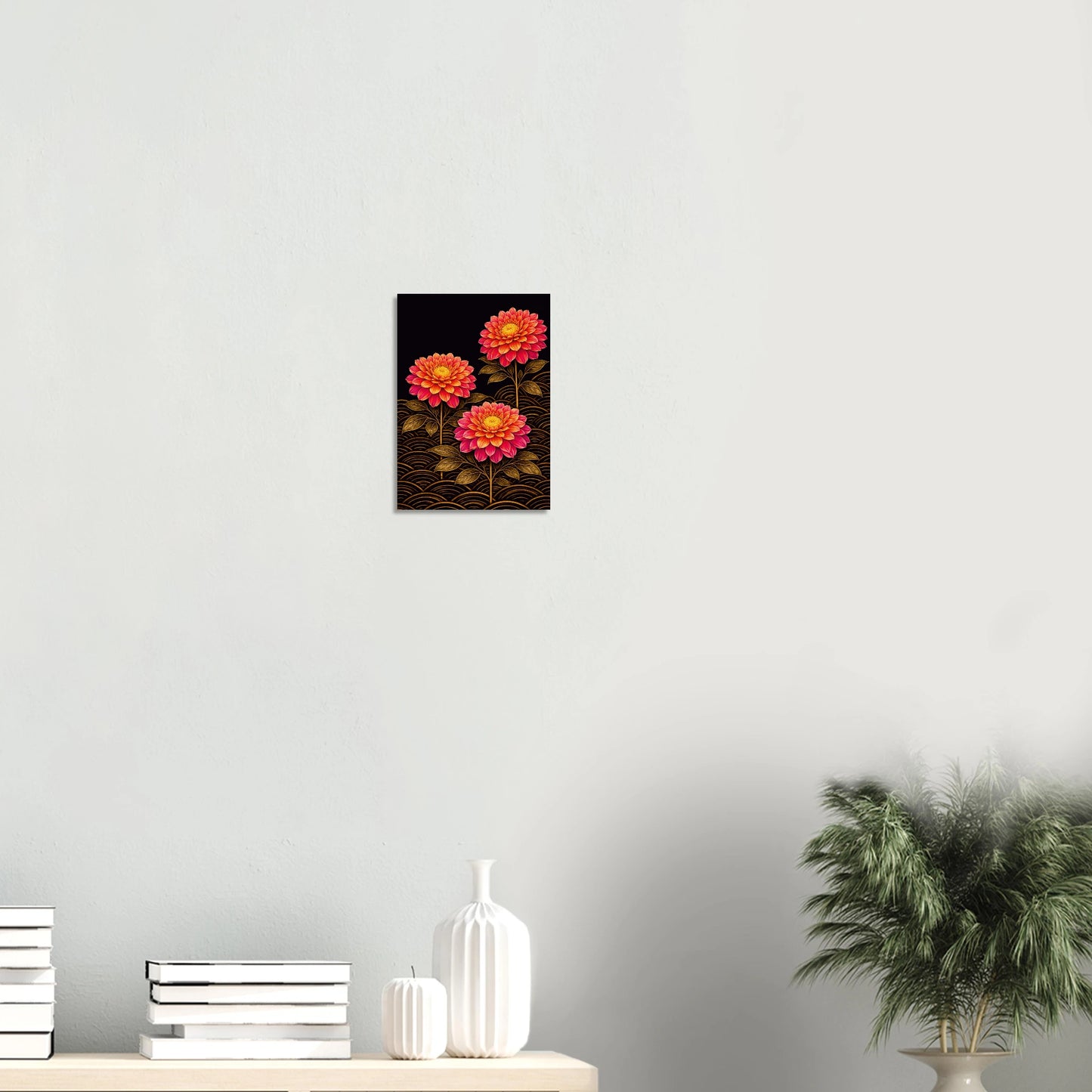 Dahlias for my Darling blooms in the dark, three full-headed dahlias in warm coral and deep pink rising on golden stems, their petals layered and luminous, their centres glowing amber against a deep dark ground. Dark gold foliage frames each bloom, and beneath them all, a field of seigaiha waves catches the light. It is lush, romantic and quietly breathtaking, the kind of print you give to someone you want to impress, or keep entirely for yourself.