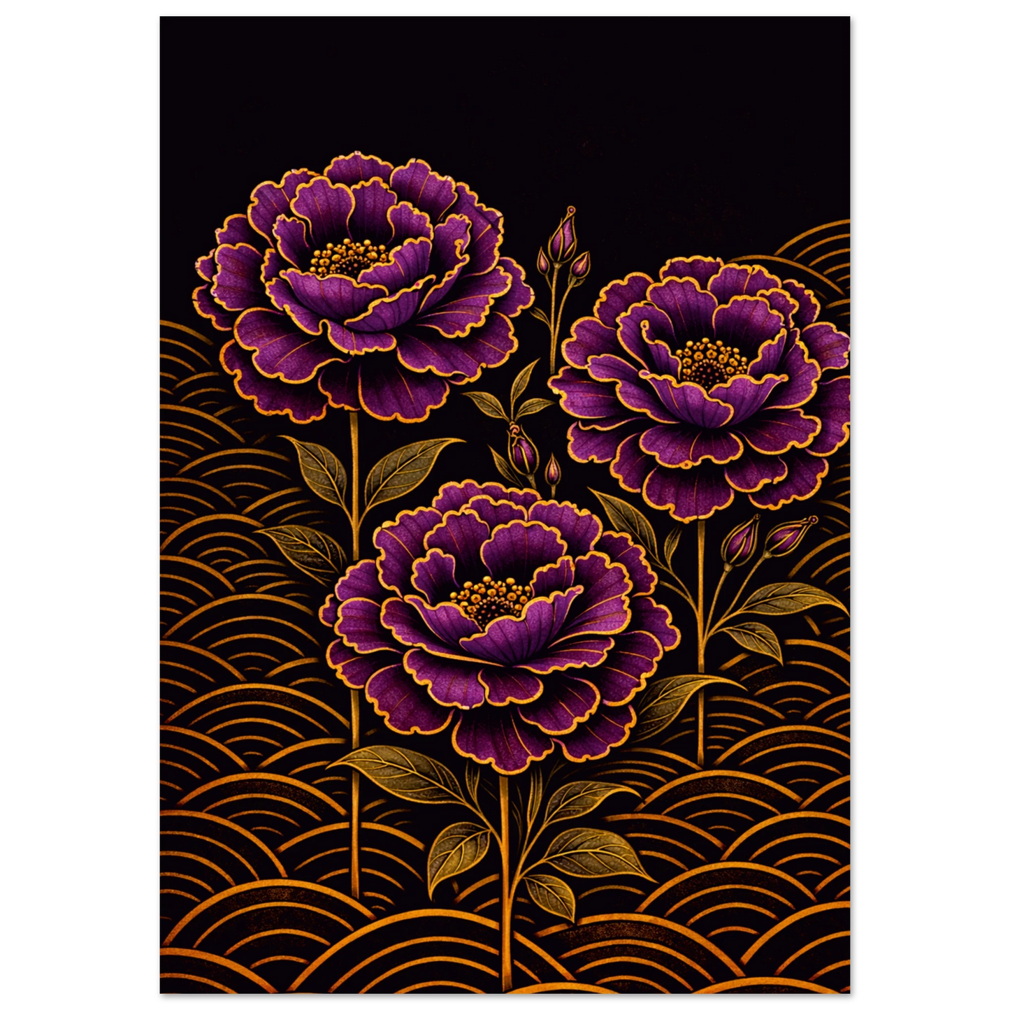 A vertical art print featuring three large purple peony-style flowers with gold outlines and gold wave patterns on a black background.
