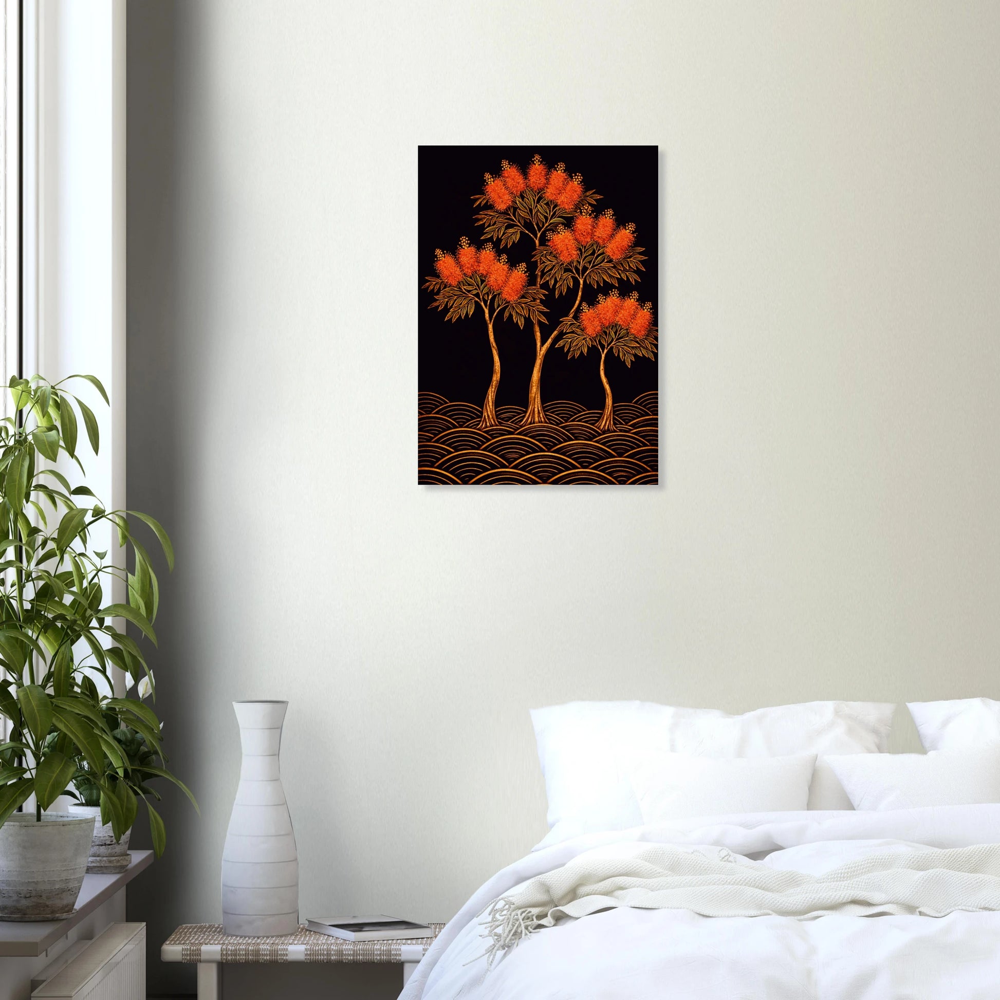 A vertical canvas wall art print featuring stylized bottlebrush trees on a black background with gold wave patterns, displayed bedroom setting above a bed with white bedding.