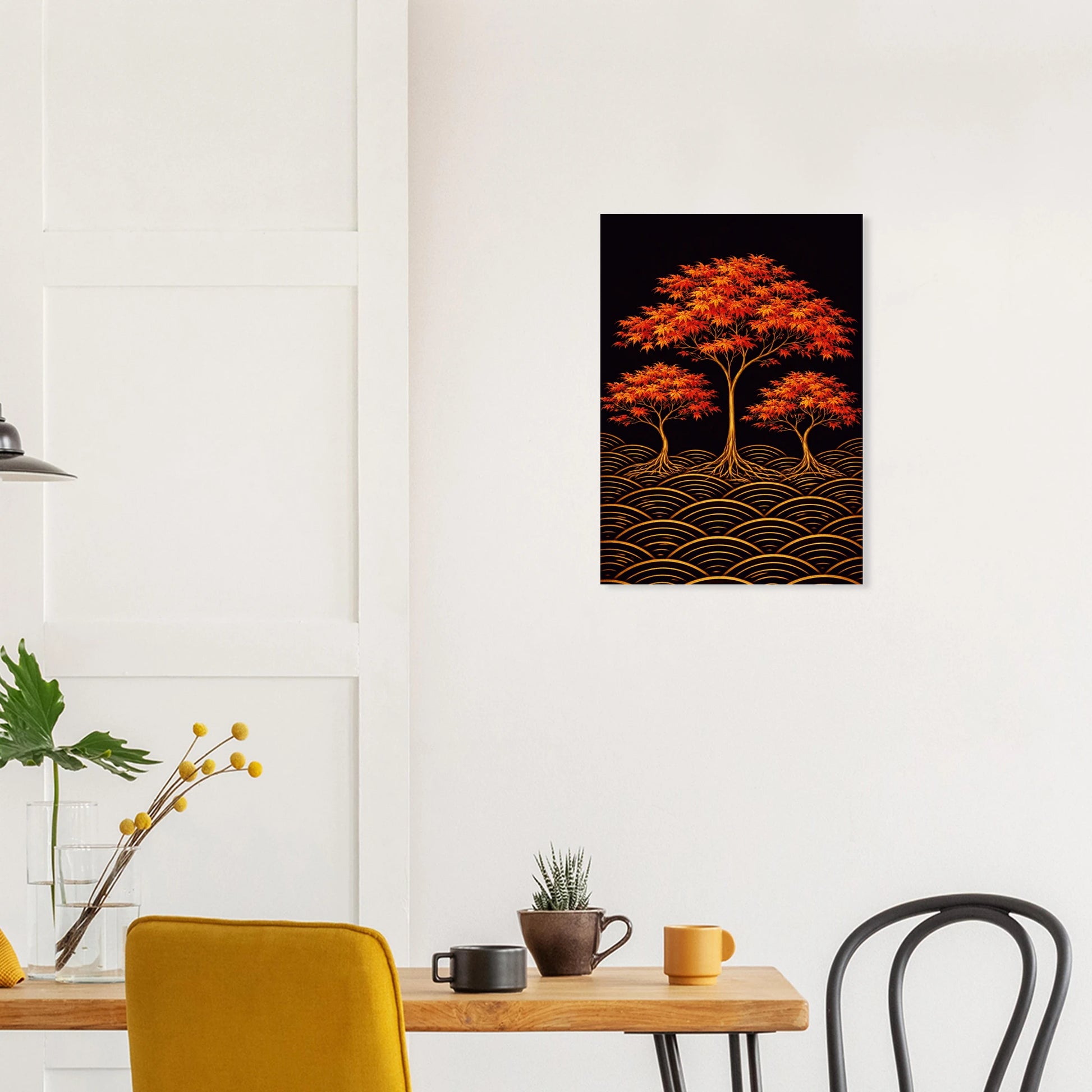 Maple in Autumn captures the moment the Japanese maple reaches its most extraordinary. A tall central tree rises above two smaller companions, their star-shaped leaves blazing in scarlet and amber, their golden roots threading through a field of dark seigaiha waves below. There is a stillness to this composition, a sense of ceremony, as though the trees know exactly how beautiful they are and are simply allowing you to witness it.