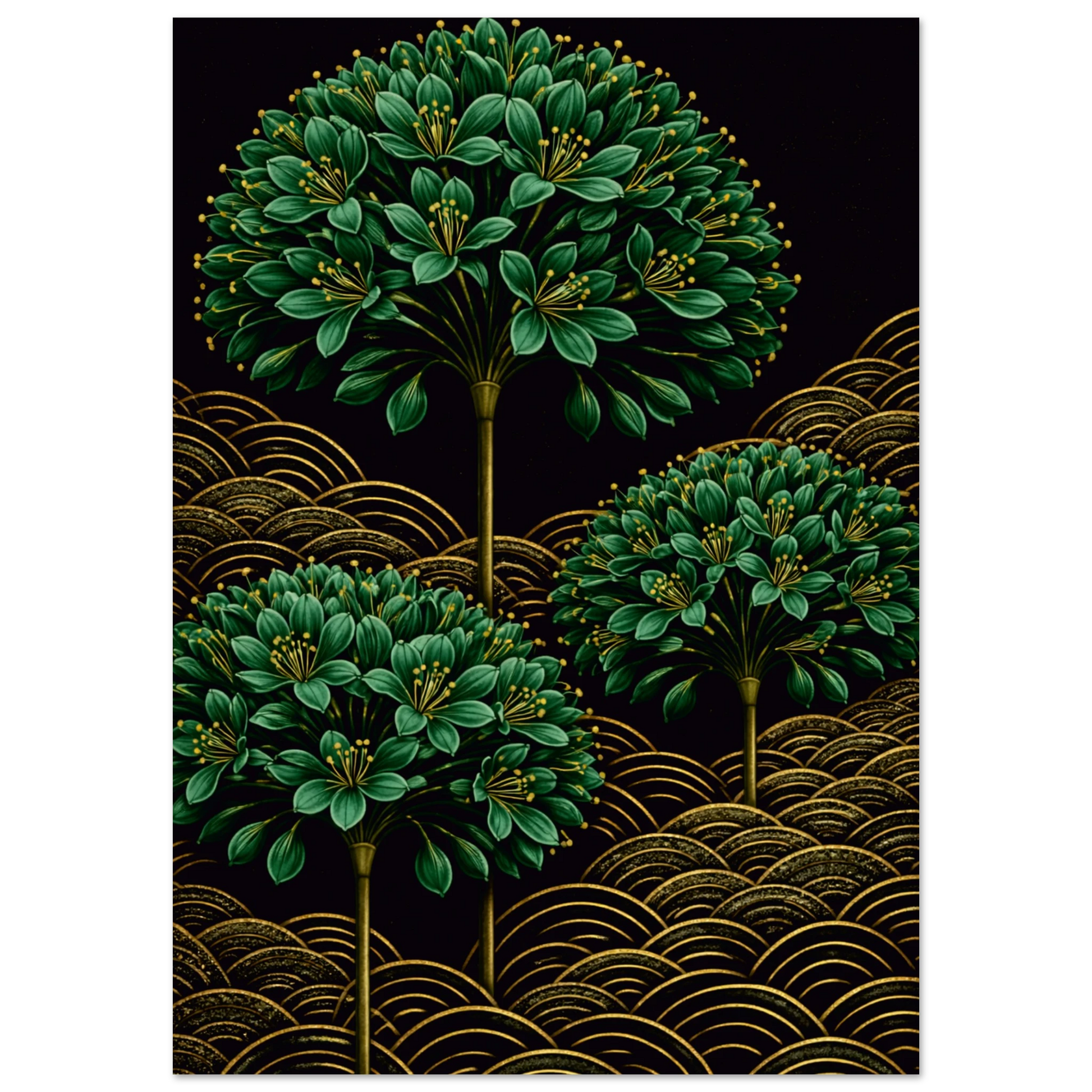 A decorative art print featuring three stylized green leafy tree-like forms with gold stems and flower clusters, set against a black background with repeating gold wave patterns at the bottom.