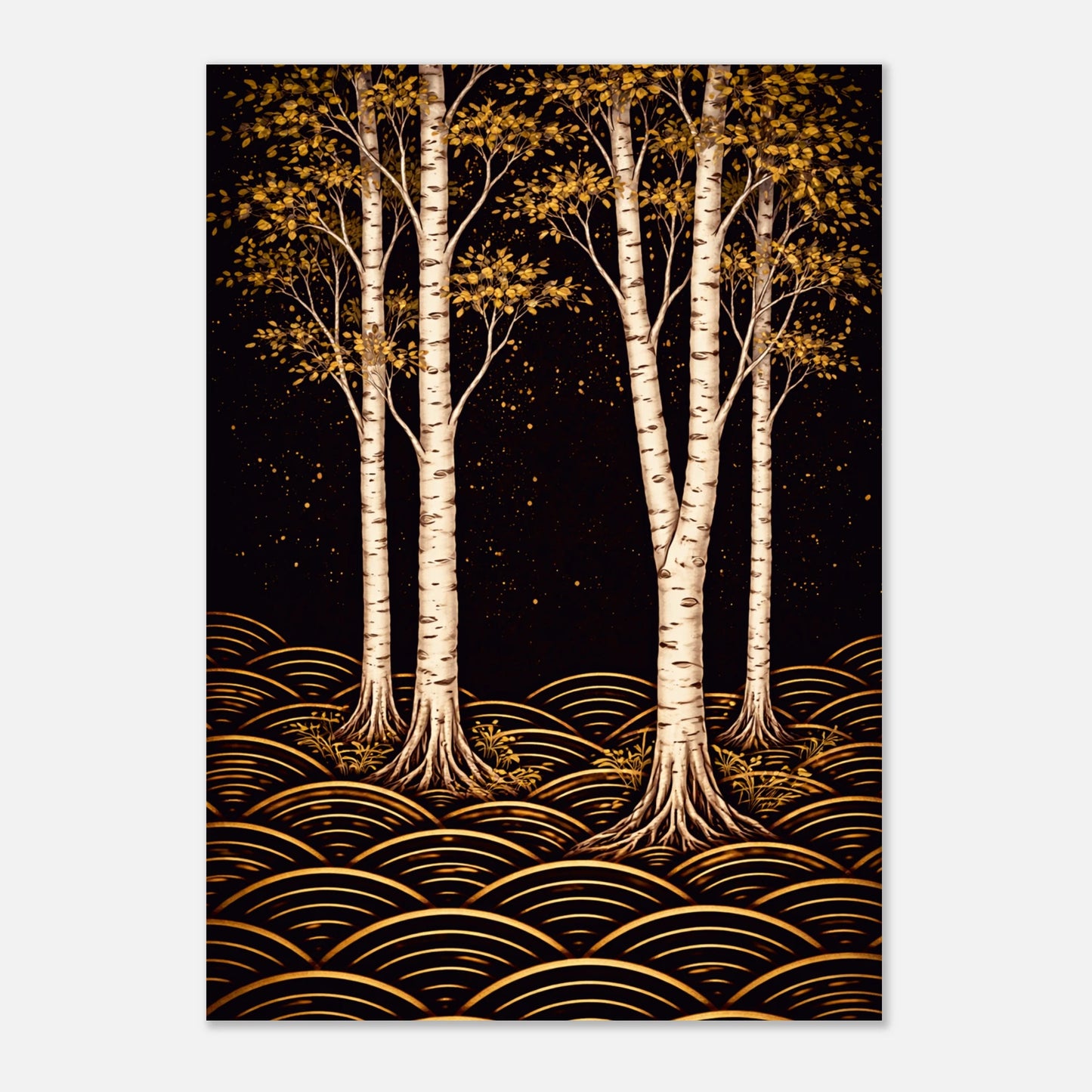 A vertical art print depicting stylized birch trees with white trunks and golden-yellow foliage against a dark starry sky, with layered gold wave-like patterns along the ground. The print is shown centered on a light gray background.
