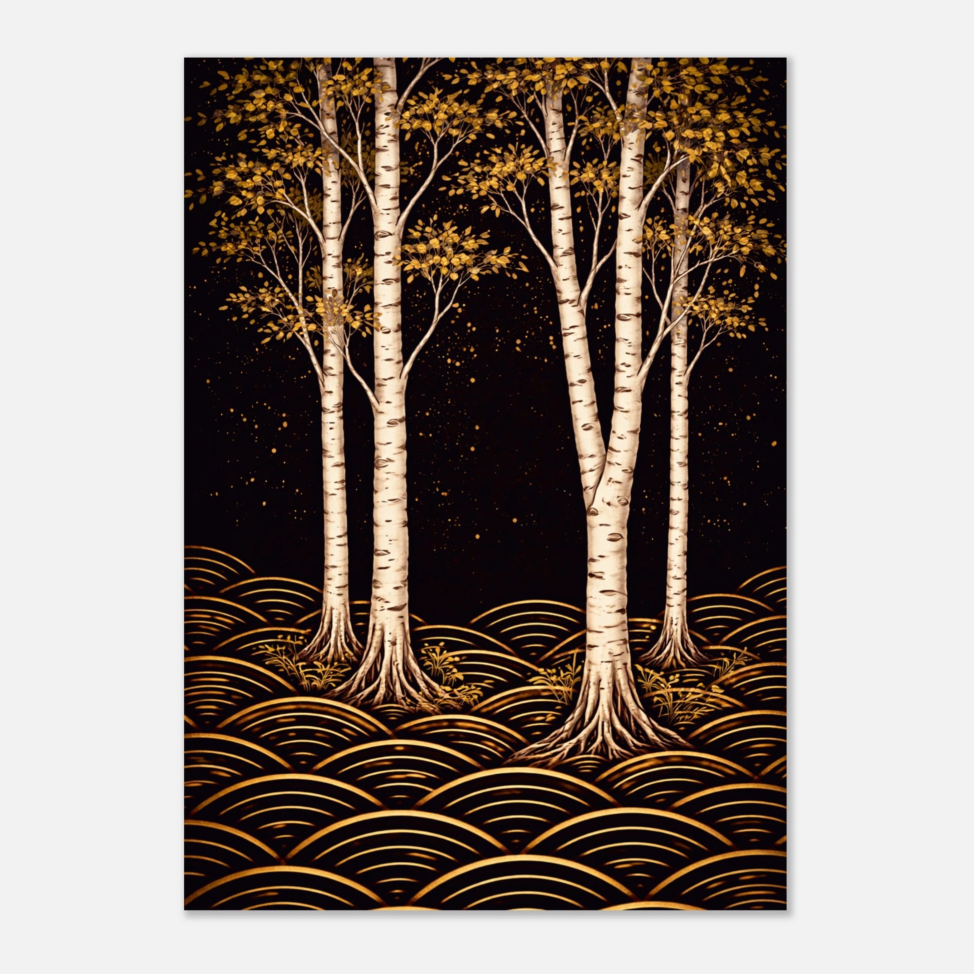 A vertical art print depicting stylized birch trees with white trunks and golden-yellow foliage against a dark starry sky, with layered gold wave-like patterns along the ground. The print is shown centered on a light gray background.