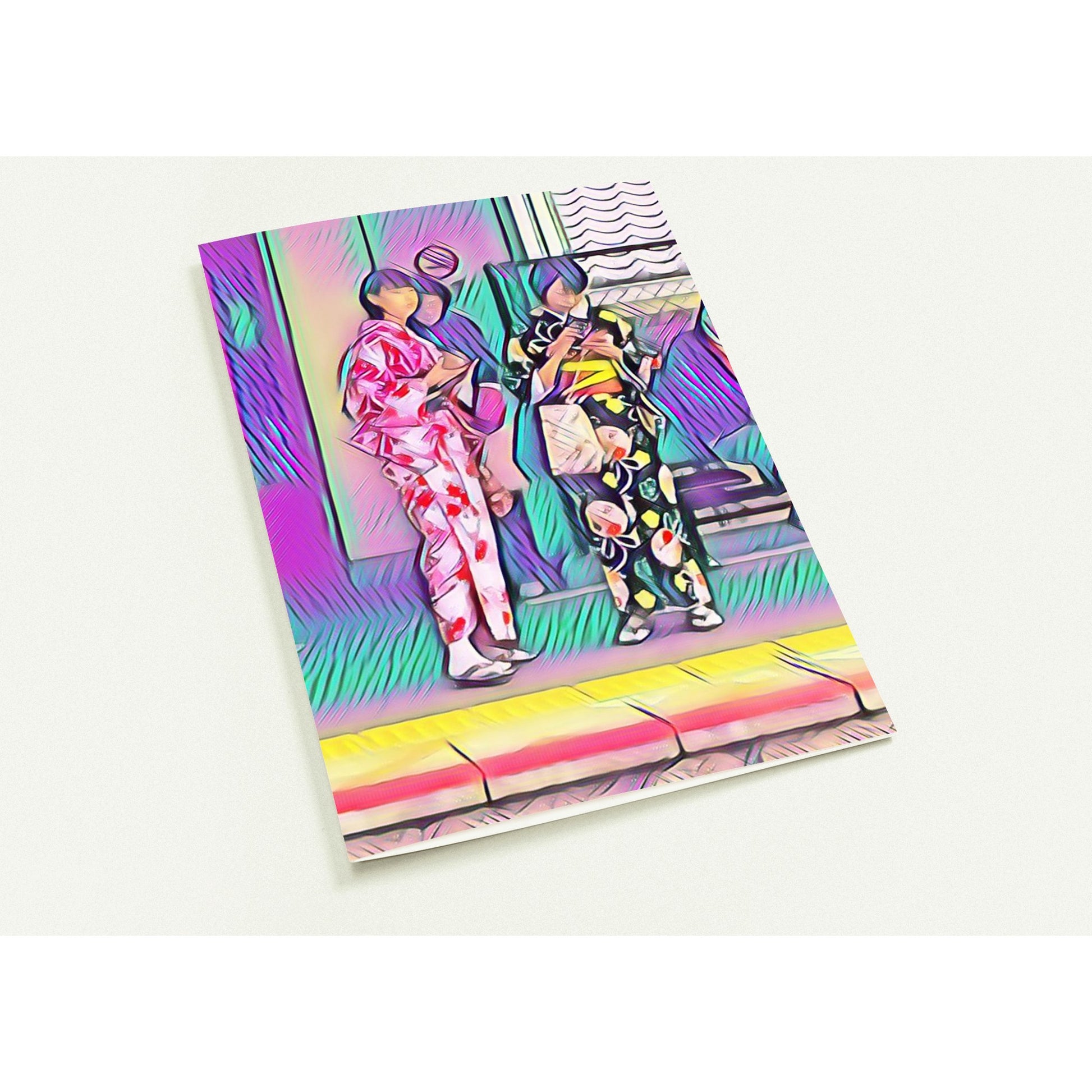 A rectangular art print or card featuring a colorful, stylized illustration of two people in patterned yukata outfits, photographed at an angle on a plain light background.
