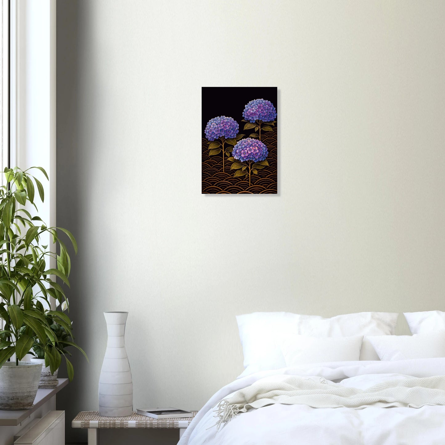 Hydrangeas Midnight Dreams is lush and still and quietly breathtaking, the kind of print that makes a bedroom feel like a place you never want to leave