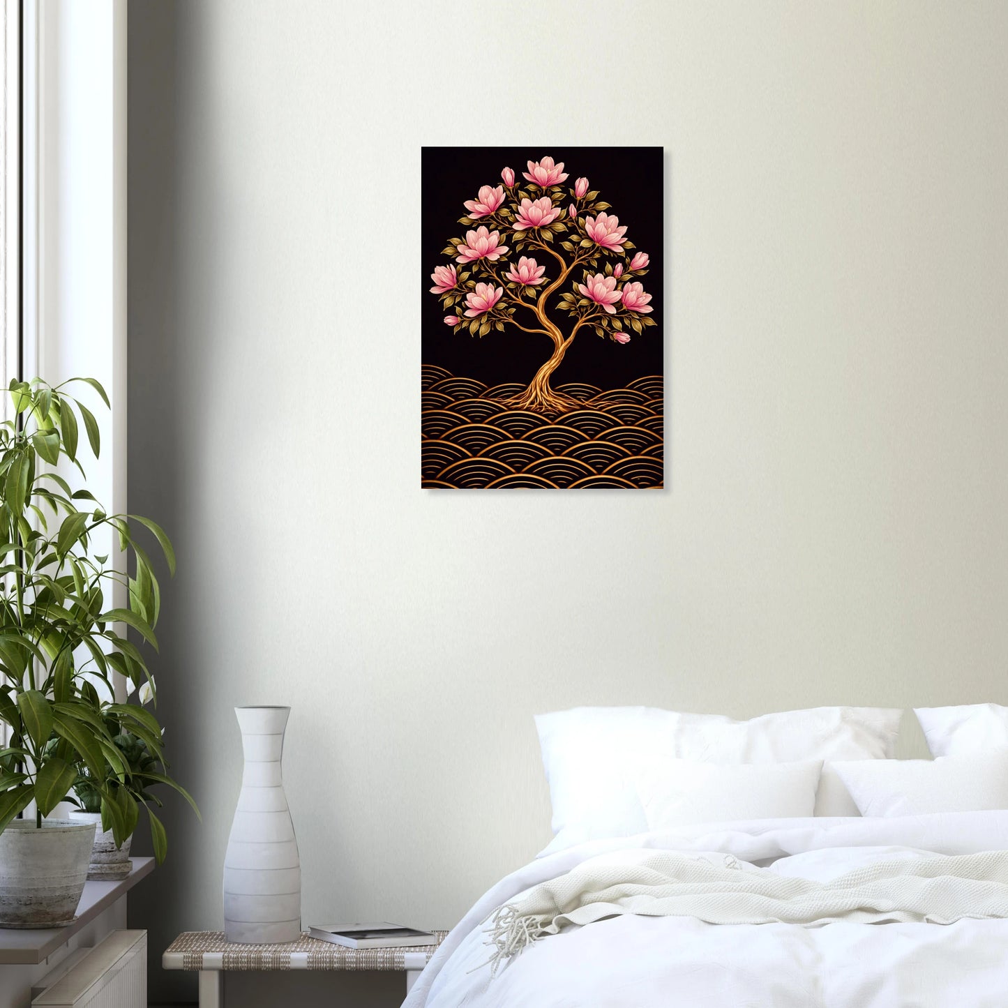 A vertical wall art print depicting a stylized tree of life with pink blossoms and gold roots over a dark background, displayed on a light beige wall above a bed in a modern bedroom setting.