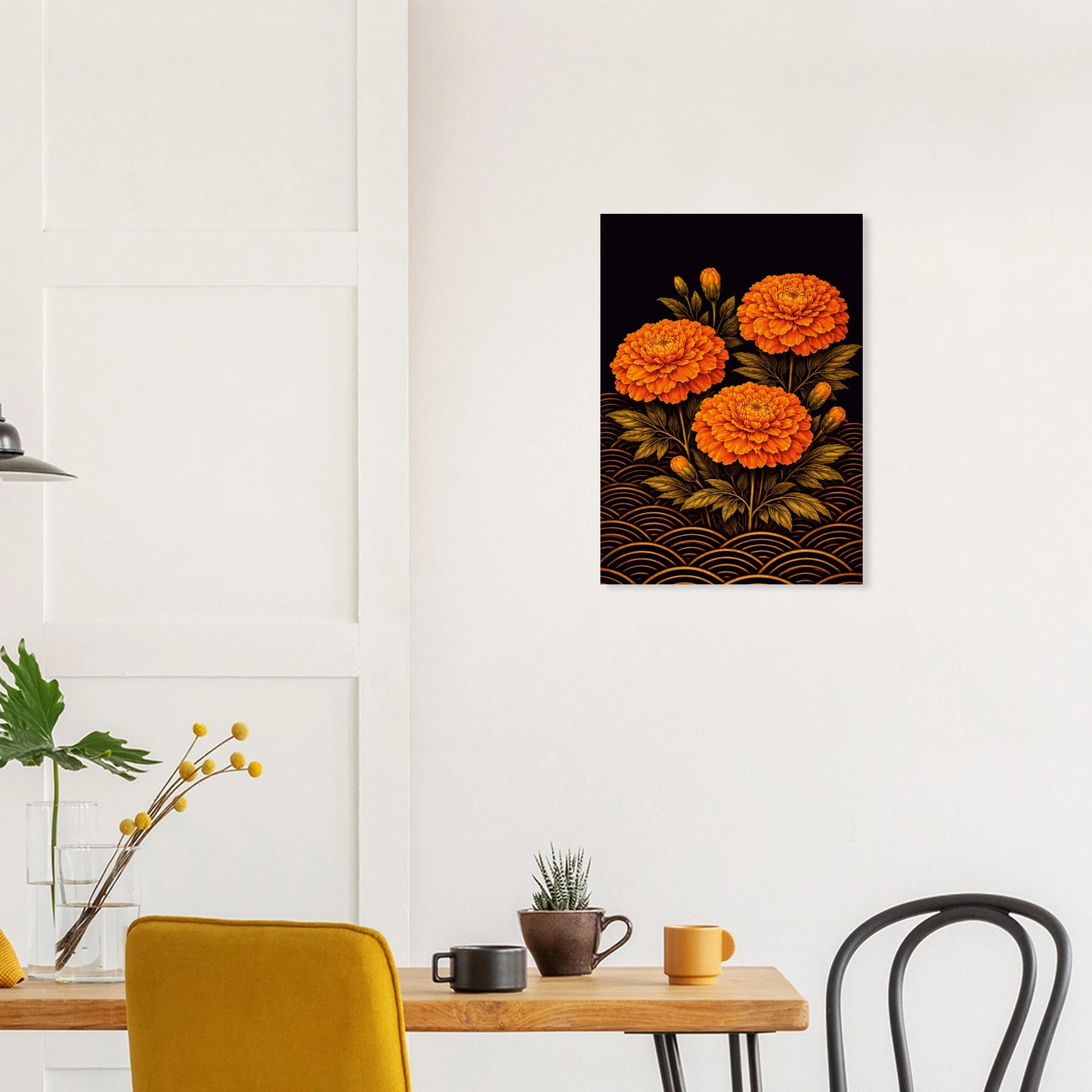 A vertical canvas wall art print featuring three orange marigold flowers with gold wave patterns on a black background, displayed on a white wall in a modern dining room setting.