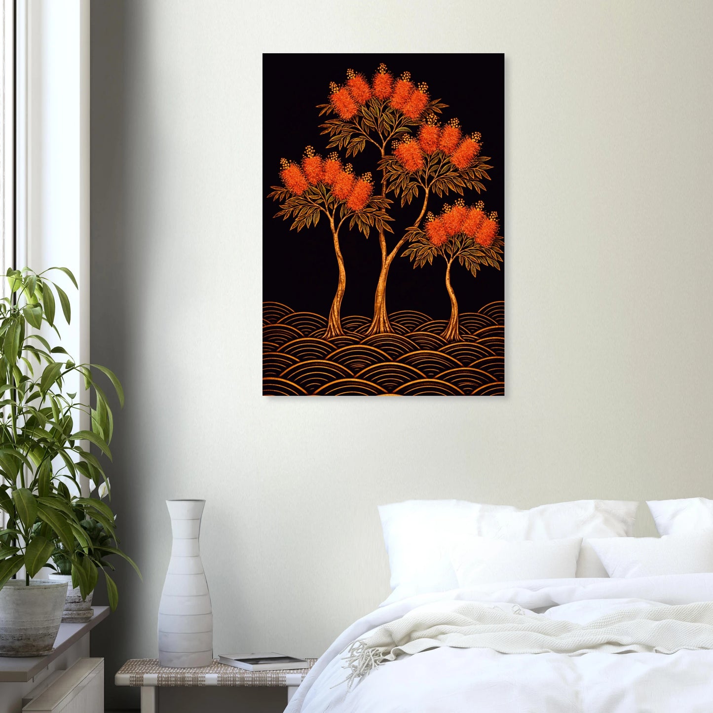 A vertical canvas wall art print featuring stylized orange trees on a black background with gold wave patterns, displayed in a modern bedroom setting above a bed with white bedding.