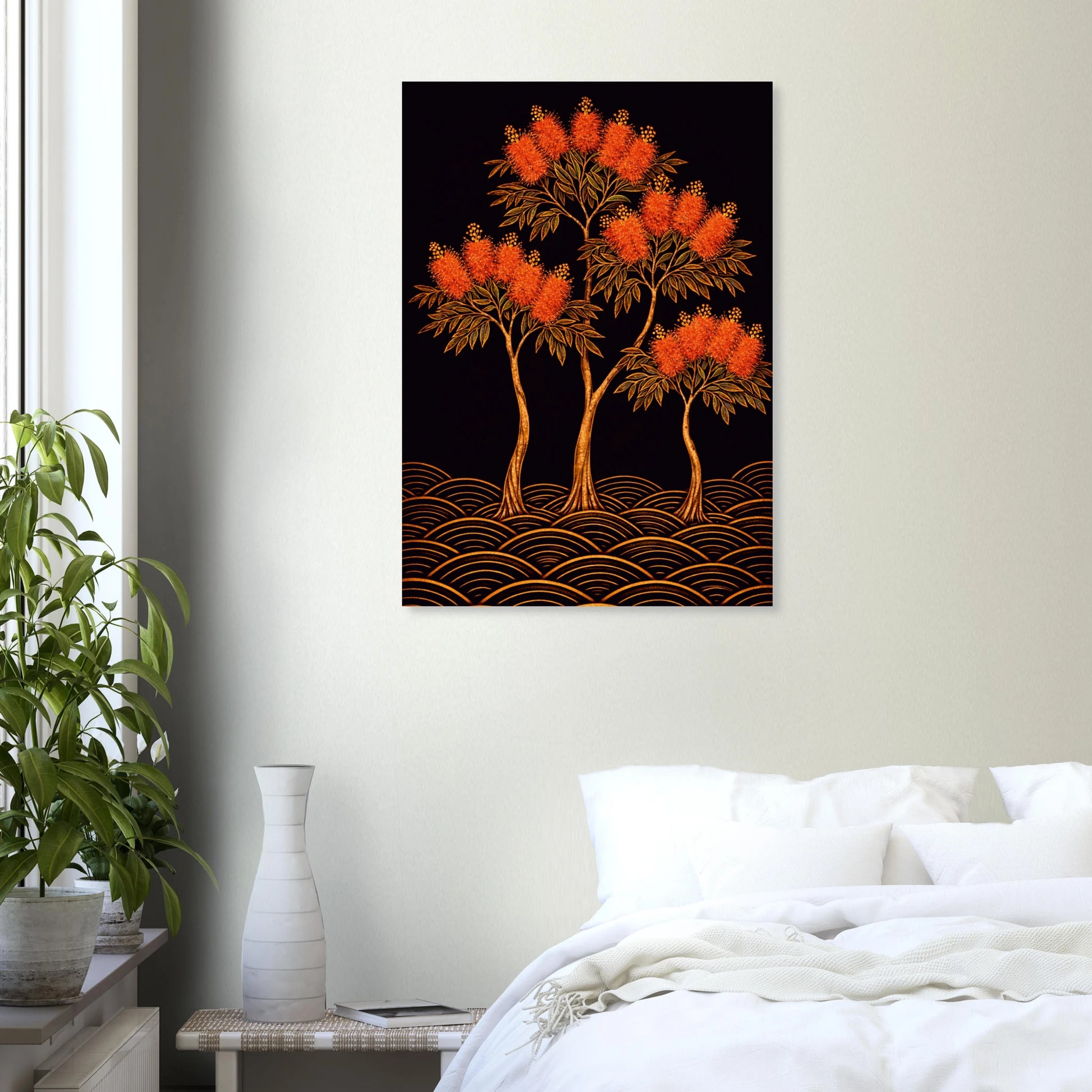A vertical canvas wall art print featuring stylized orange trees on a black background with gold wave patterns, displayed in a modern bedroom setting above a bed with white bedding.
