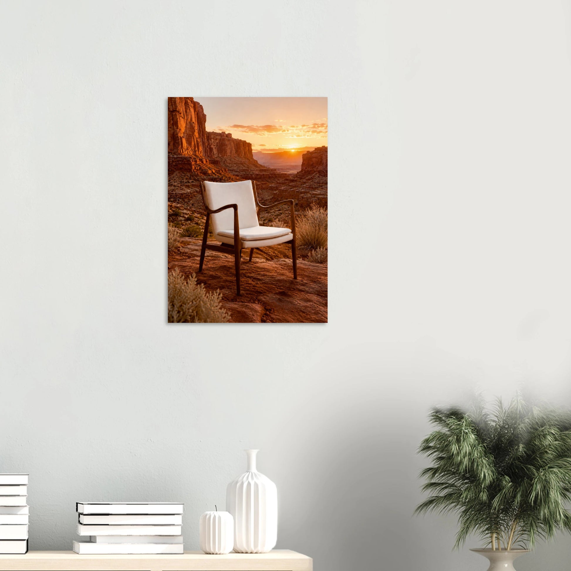 A vertical canvas wall art print depicting a desert canyon landscape at sunset with a white armchair in the foreground, displayed on a light gray wall above a console table with books and a plant.