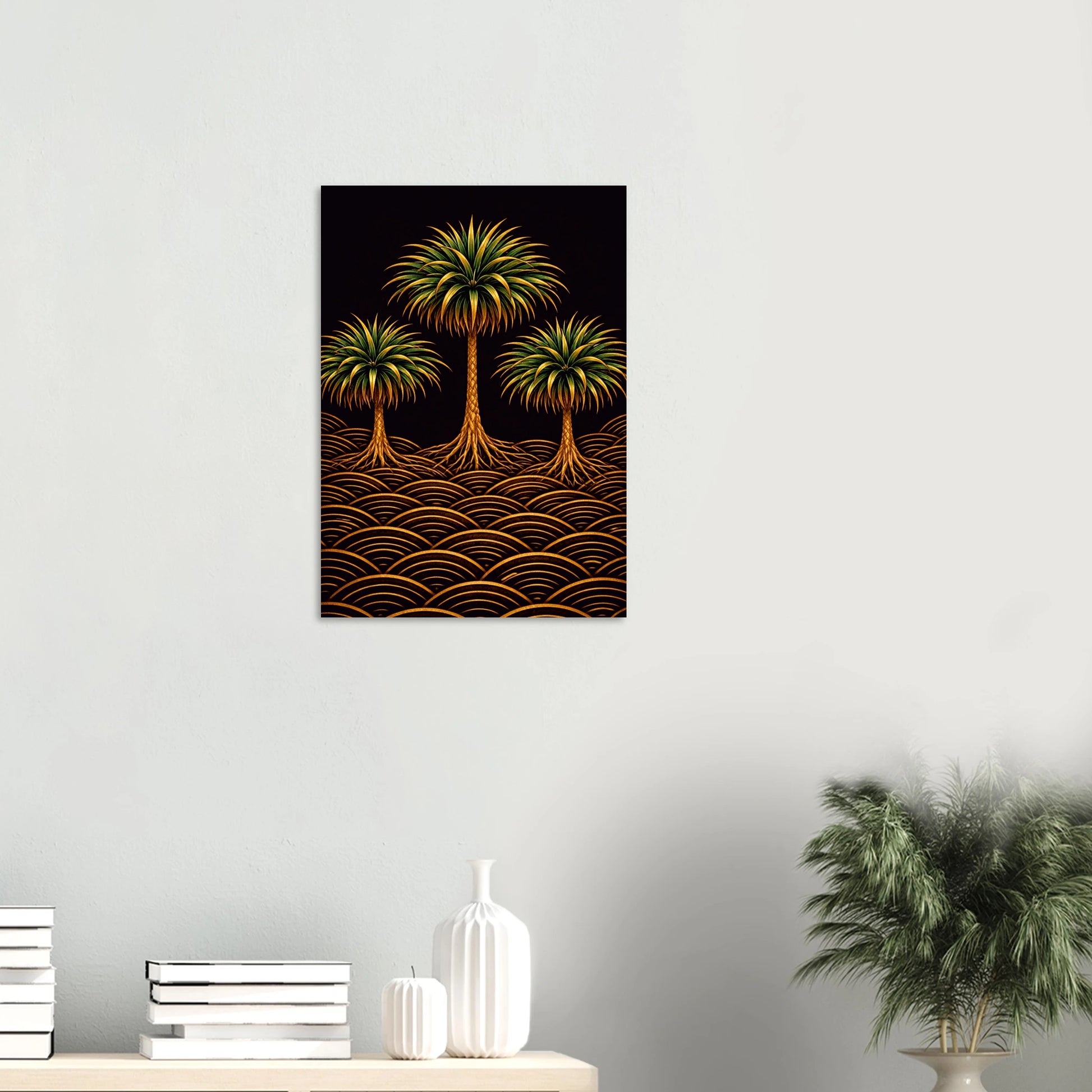 Three date palms stand against a deep, dark sky, their lush green and gold-tipped fronds fanning wide, roots anchored in a ground of warm amber arcs that ripple outward like slow water.&nbsp;Date Palms in the Moonlight is tropical and ancient at once, the kind of print that makes a room feel like somewhere worth being.