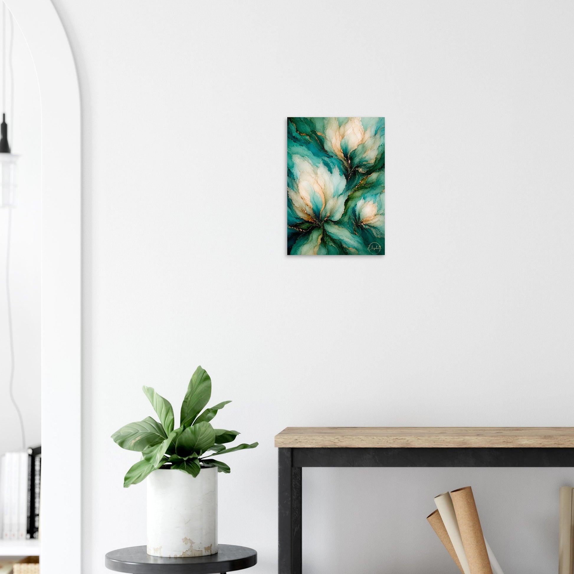 Moody floral giclee print, luminous cream blooms against rich emerald and teal with gold veining. Inspired by original alcohol ink artworks. 200gsm FSC paper.