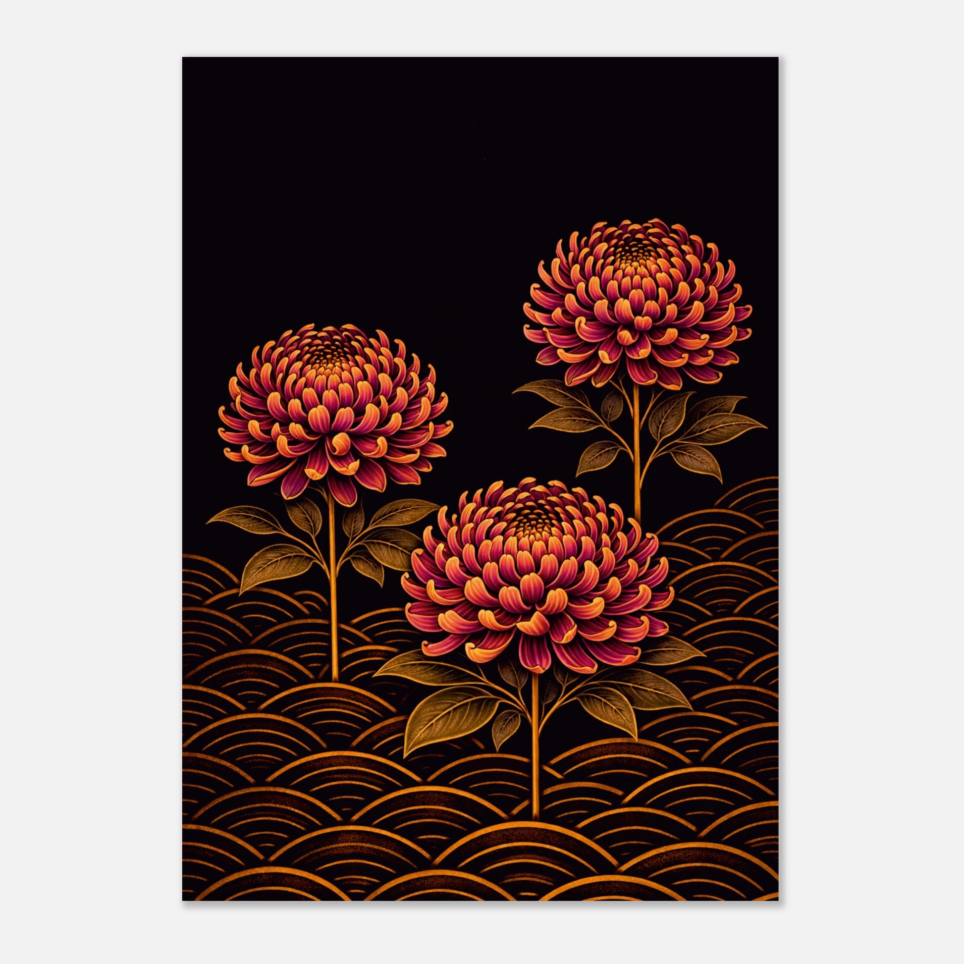 A vertical art print featuring three stylized chrysanthemum-like flowers in warm orange, pink, and red tones with dark leaves, set against a black background with a wave pattern along the bottom. The print is shown centered on a light gray background.