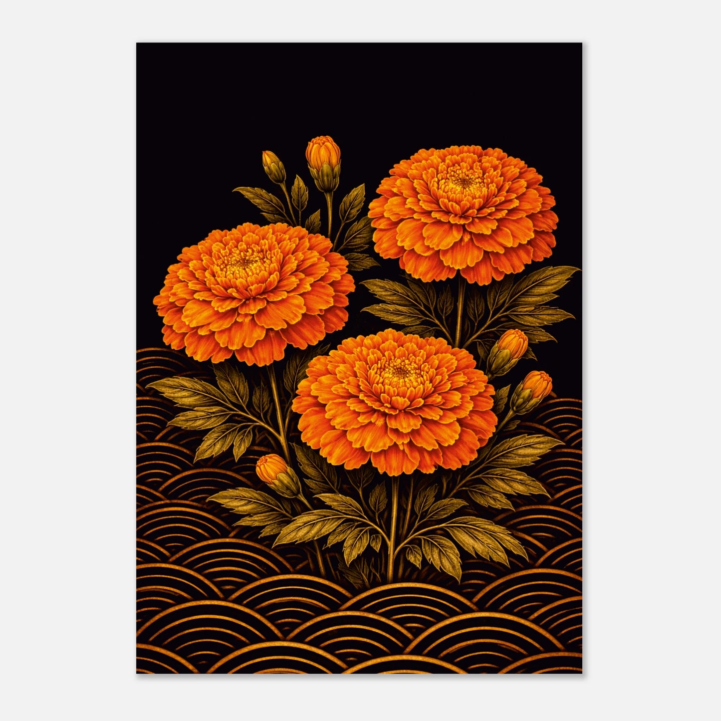 A vertical art print featuring three vibrant orange marigold flowers with green and gold leaves, set against a solid black background with a gold wave pattern at the bottom.