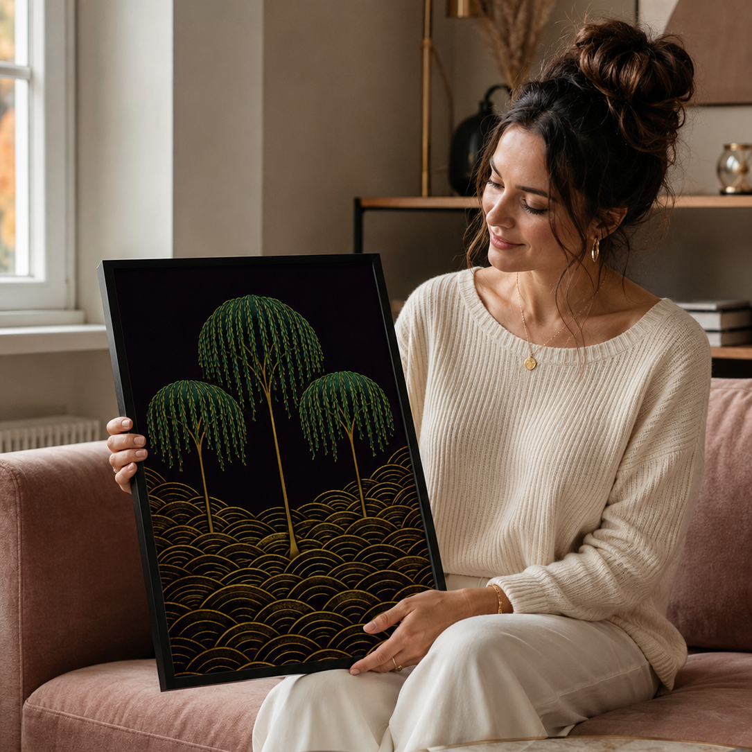 A woman sits on a pink sofa in a living room, holding up a framed art print. The print features three green wiilow  trees with gold wave-like patterns on a black background.
