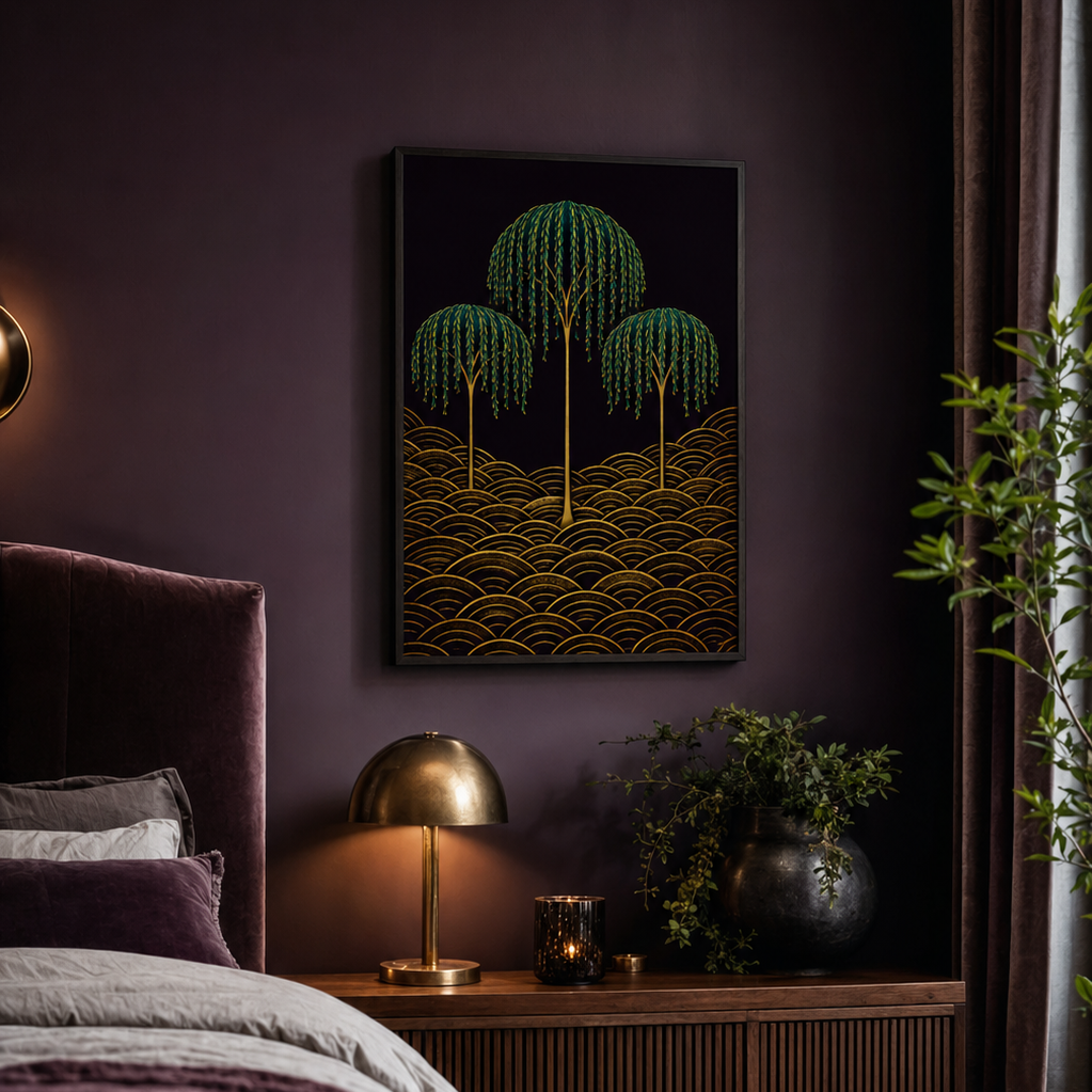 A framed wall art print featuring three stylized green trees over gold wave-like ground on a black background, displayed above a bed in a dark purple bedroom with a lamp, cabinet, and plants.

Willows Whisper in the Night has the quality of stillness. Three weeping willows rise on gold stems from a field of rich golden seigaiha waves, their cascading emerald fronds trailing downward in the dark, their forms graceful and unhurried. There is something deeply calming about this print, a sense of stillness and 