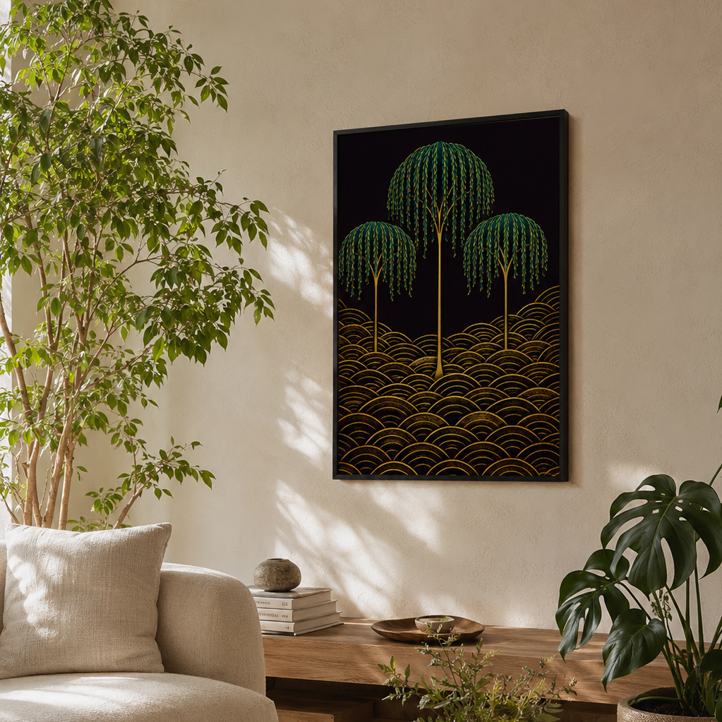 A framed wall art print featuring stylized green willow trees and gold wave-like patterns on a black background, displayed in a modern, sunlit living room with a beige sofa, stone coffee table, and potted plants.