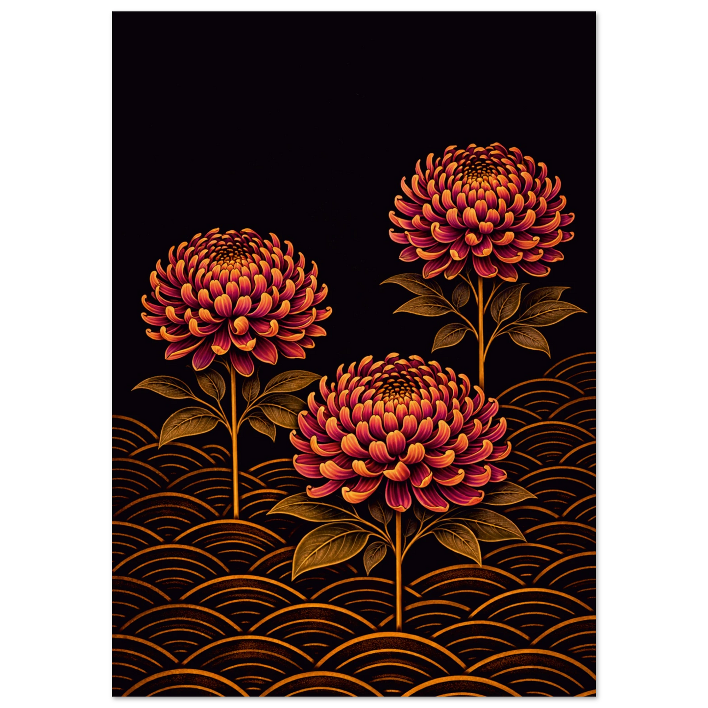 A vertical art print featuring three stylized chrysanthemum-like flowers in warm red, orange, and gold tones against a solid black background, with repeating wave patterns along the bottom.