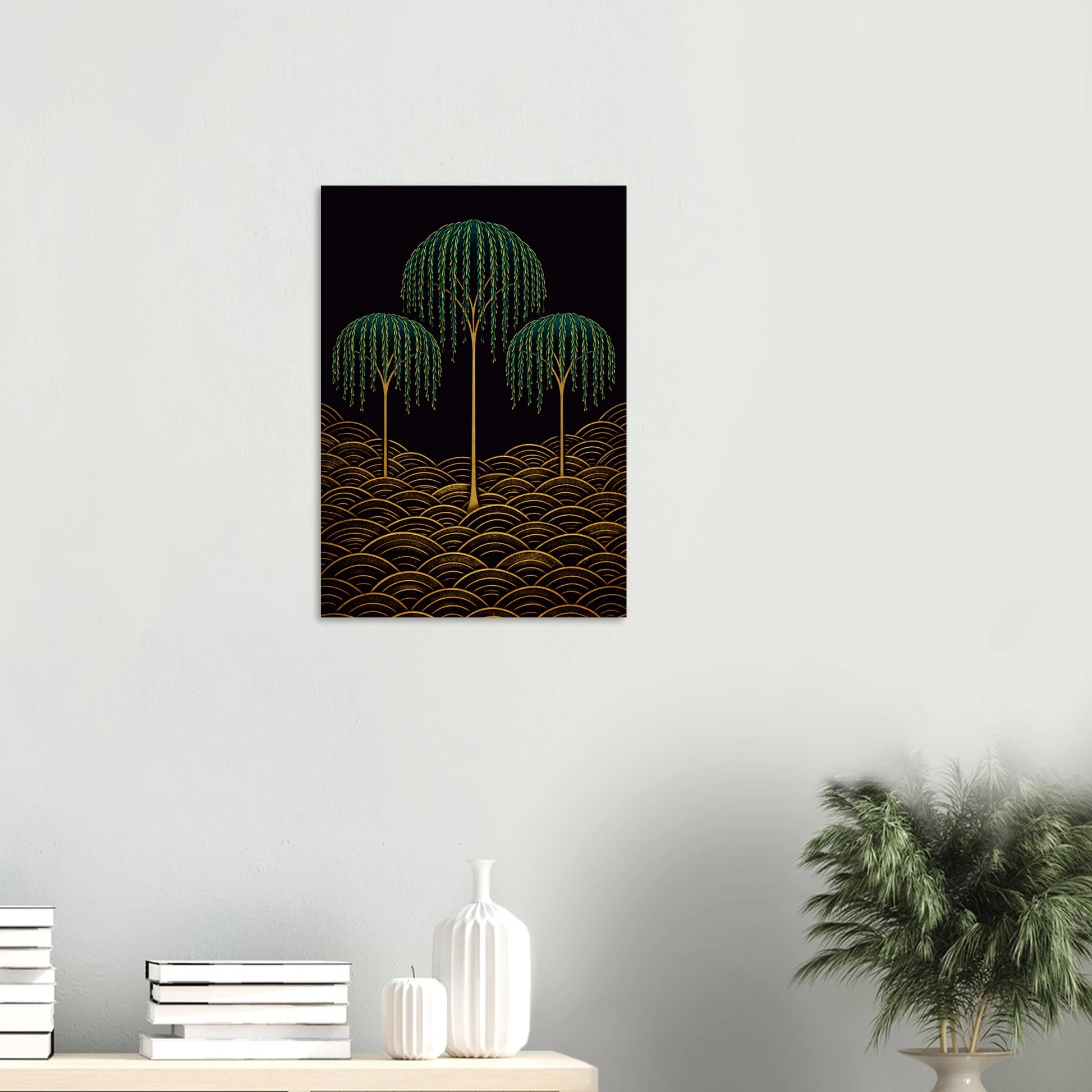 Willows Whisper in the Night has the quality of stillness. Three weeping willows rise on gold stems from a field of rich golden seigaiha waves, their cascading emerald fronds trailing downward in the dark, their forms graceful and unhurried. There is something deeply calming about this print, a sense of stillness and presence, as though the willows have been here for centuries and will remain long after you have gone.