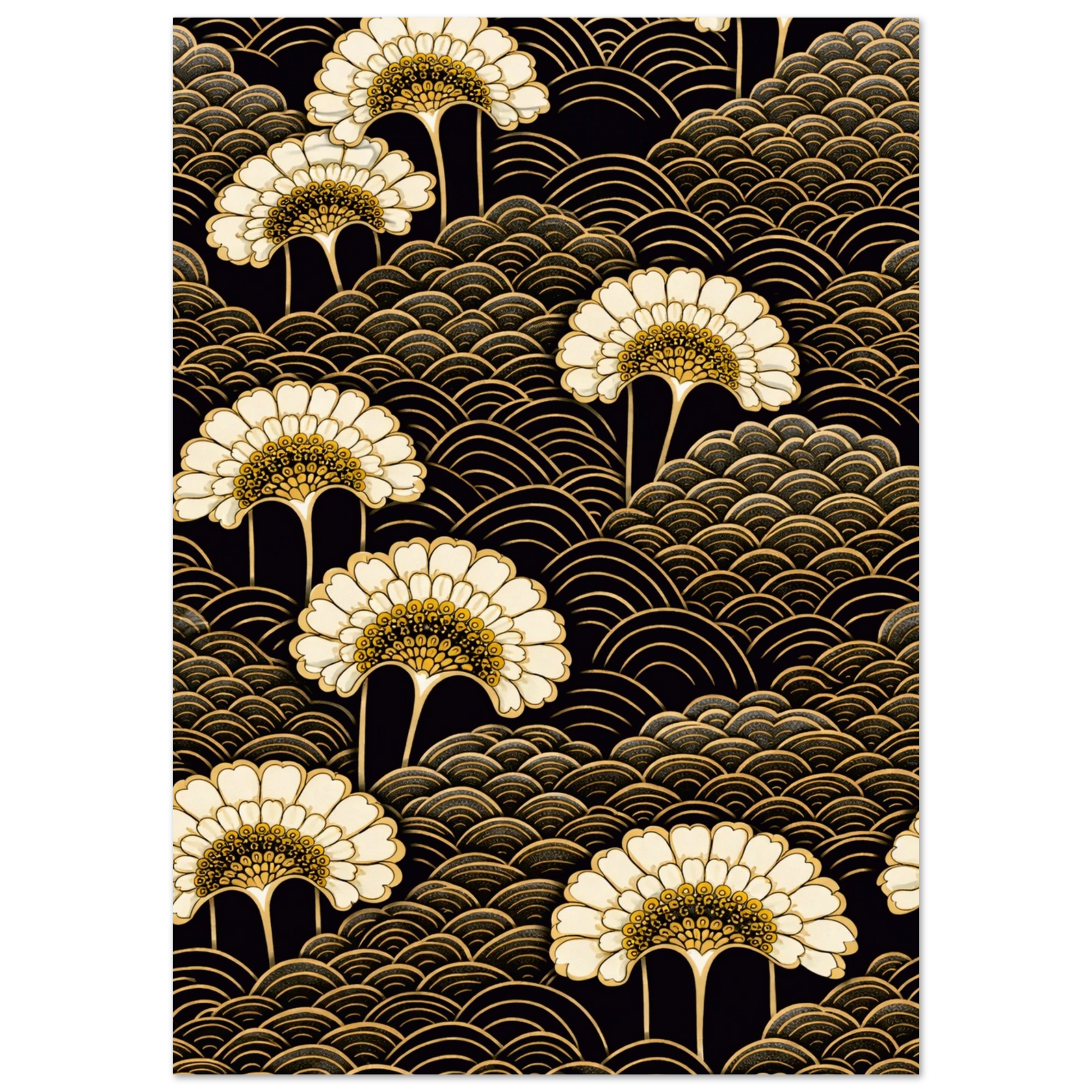 A rectangular art print featuring a repeating Japanese-style pattern of cream and gold ginkgo leaves over a black background with layered wave motifs.

Blooming Under a Full Moon is the most immersive print in the Night Garden series. Cream and gold chrysanthemum fan blooms emerge from every corner of a dense field of dark seigaiha waves, their layered petals luminous against the black, their golden centres glowing like small moons scattered across the composition. There is no sky, no horizon, no empty spac
