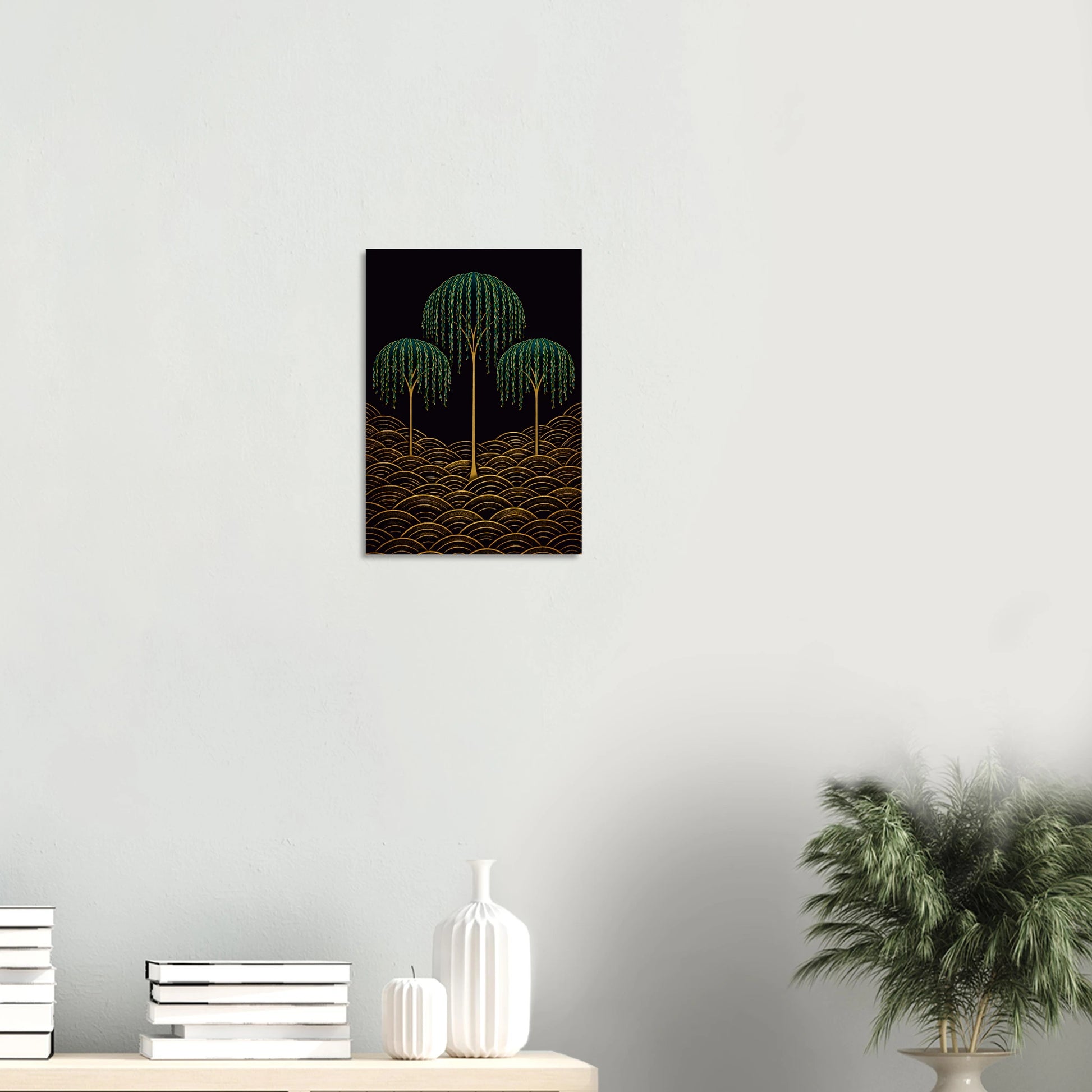 Willows Whisper in the Night has the quality of stillness. Three weeping willows rise on gold stems from a field of rich golden seigaiha waves, their cascading emerald fronds trailing downward in the dark, their forms graceful and unhurried. There is something deeply calming about this print, a sense of stillness and presence, as though the willows have been here for centuries and will remain long after you have gone.