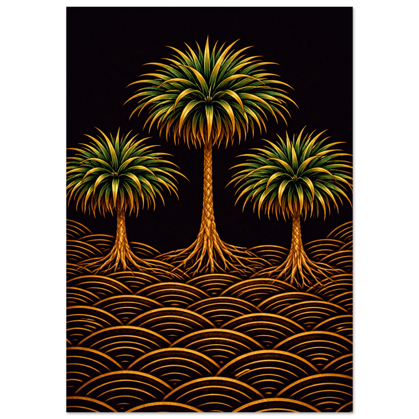 A stylized art print featuring three palm trees with green and yellow fronds and orange trunks, standing above a repeating wave pattern in gold and orange on a black background.
