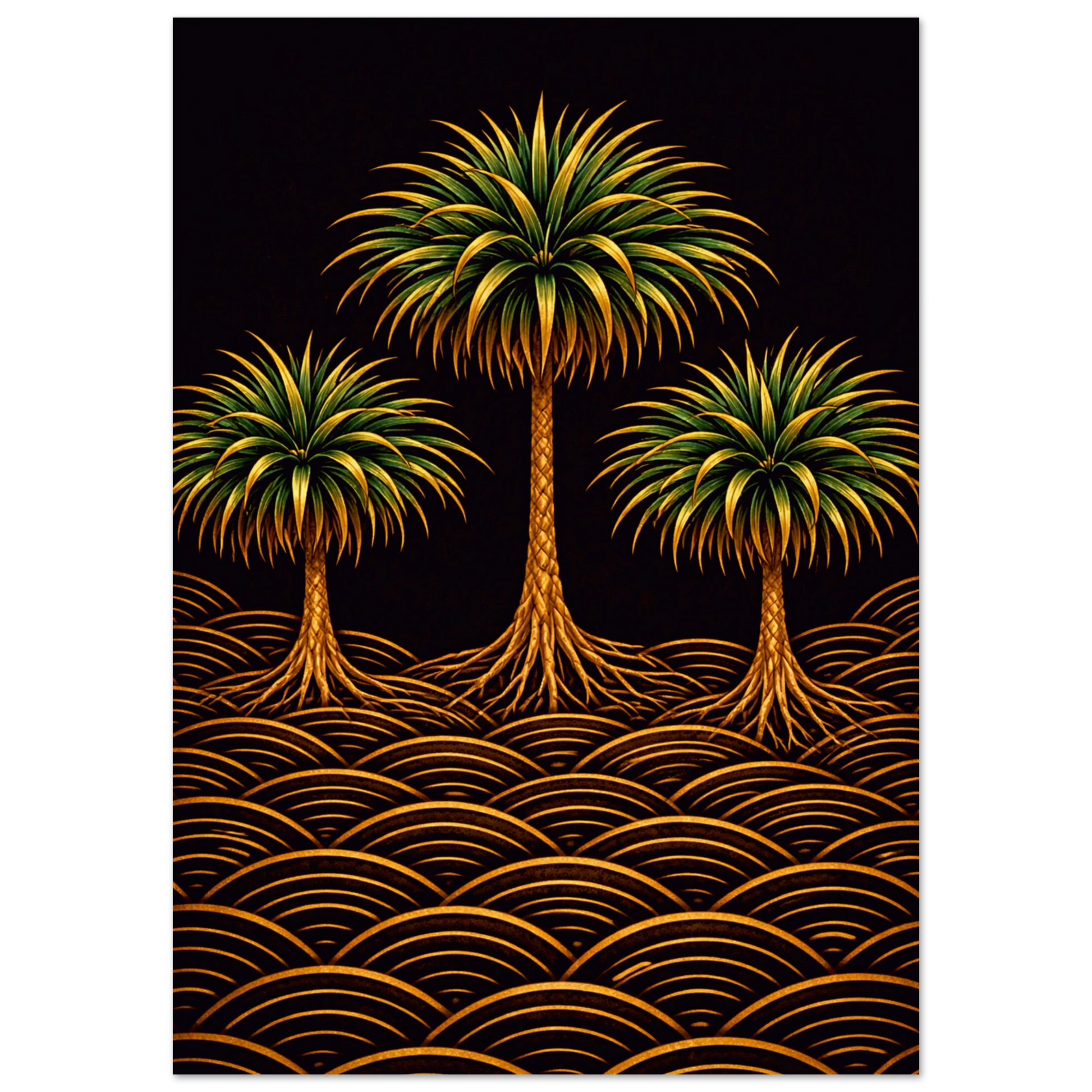 A stylized art print featuring three palm trees with green and yellow fronds and orange trunks, standing above a repeating wave pattern in gold and orange on a black background.