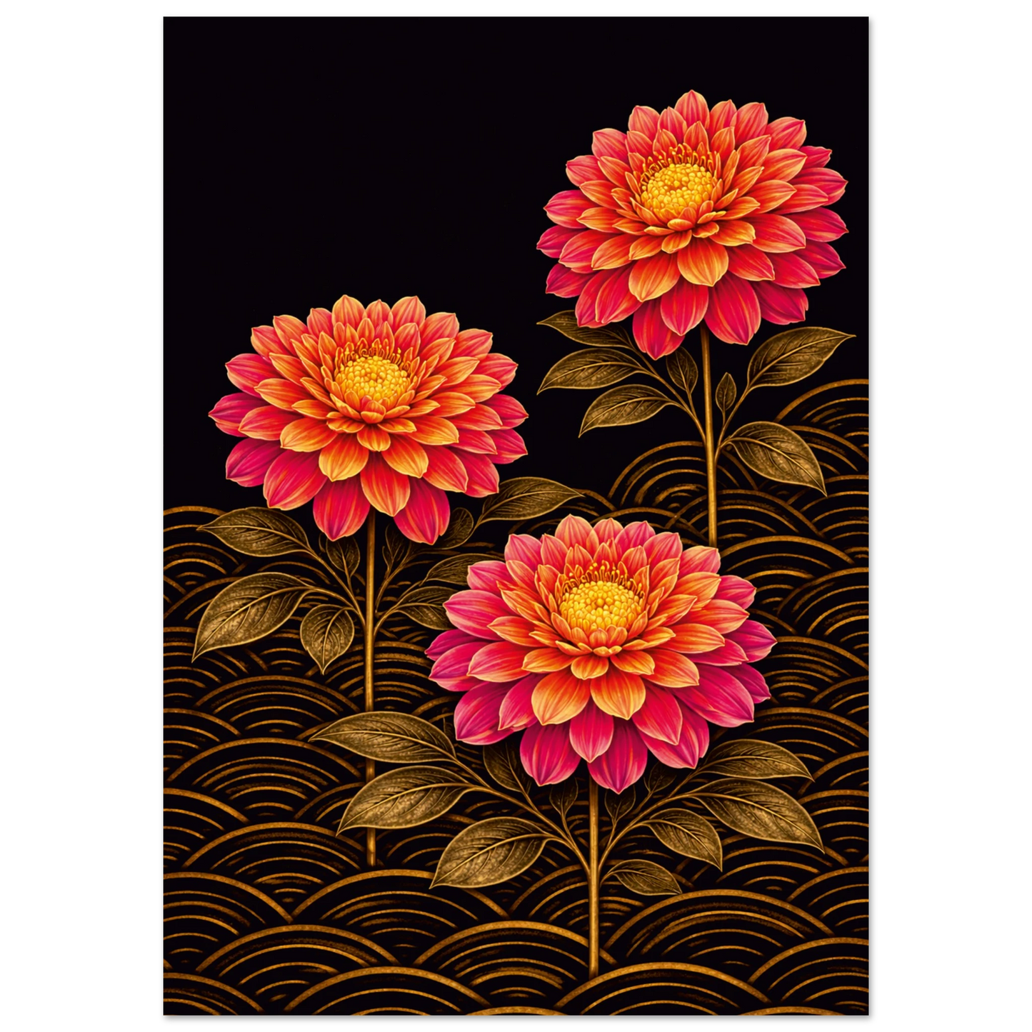 A vertical art print featuring three large dahlia flowers in vibrant shades of pink, red, and orange with golden-yellow centers, set against a solid black background with a gold wave pattern at the bottom.