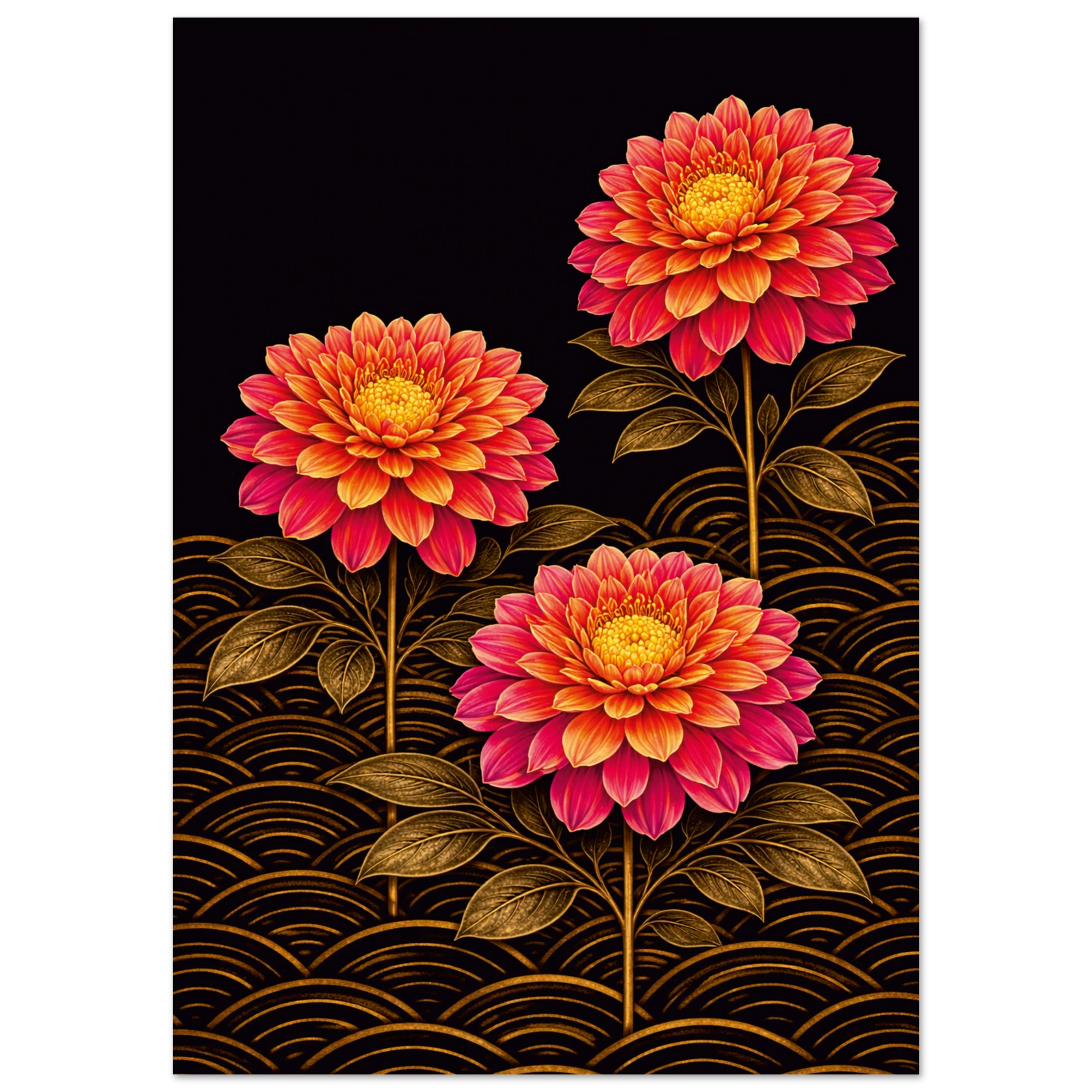 A vertical art print featuring three large dahlia flowers in vibrant shades of pink, red, and orange with golden-yellow centers, set against a solid black background with a gold wave pattern at the bottom.
