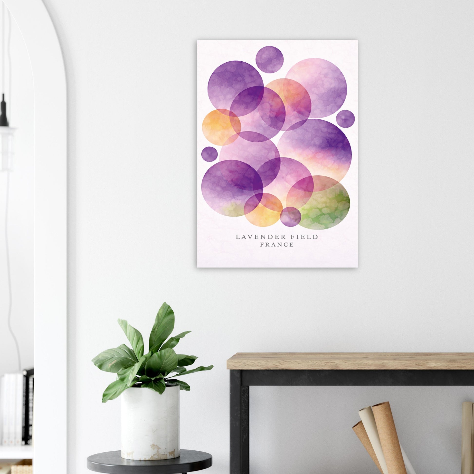 Abstract giclee print inspired by the lavender fields of Provence, France. Deep violet, lilac & warm gold. Printed on 200gsm FSC paper. Ships worldwide.