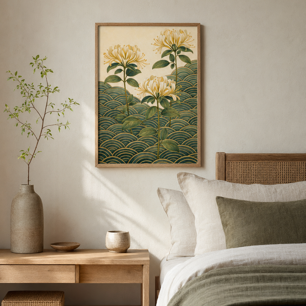 A framed art print featuring yellow flowers and green waves, styled on a beige wall above a bed in a minimalist, warm-toned bedroom.
