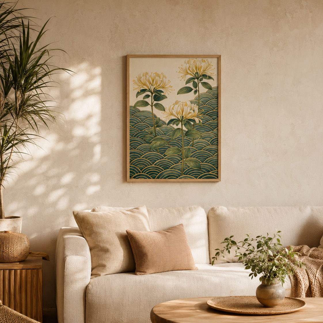 A framed botanical art print featuring cream flowers and green wave patterns, hanging on a textured beige wall above a neutral-toned sofa in a warm, modern living room.

Twilight Honeysuckles has the quality of early morning light. Three honeysuckle stems rise from a field of teal seigaiha waves against a soft cream ground, their white and pale yellow blooms open and unhurried, their fine stamens catching the light, their deep green leaves full and considered.&nbsp;