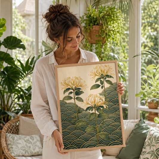 A woman in a white shirt and pants holds a framed art print featuring yellow flowers and green wave patterns, set in a bright, plant-filled room.

Twilight Honeysuckles has the quality of early morning light. Three honeysuckle stems rise from a field of teal seigaiha waves against a soft cream ground, their white and pale yellow blooms open and unhurried, their fine stamens catching the light, their deep green leaves full and considered.&nbsp;