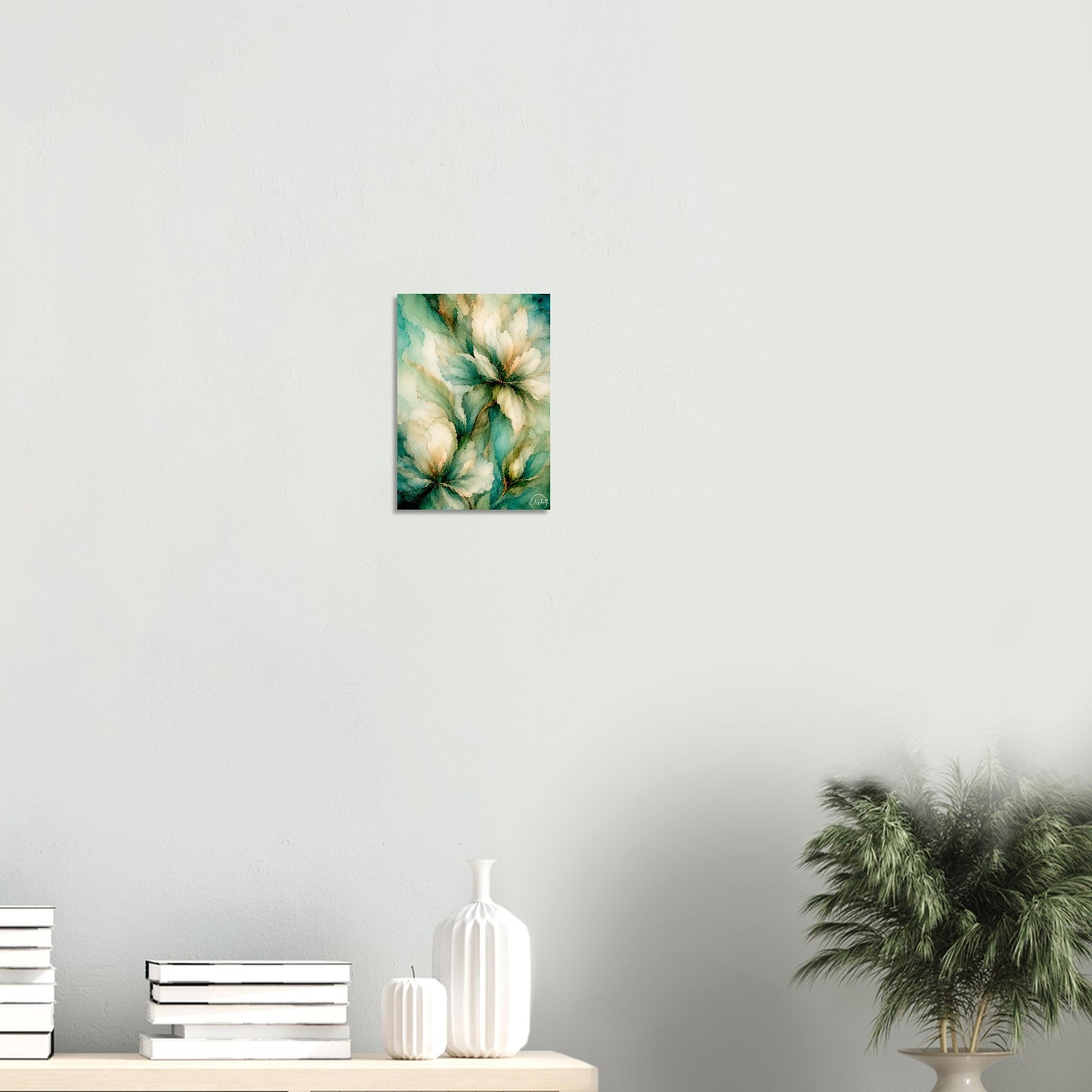 messy floral teal and cream wall art 