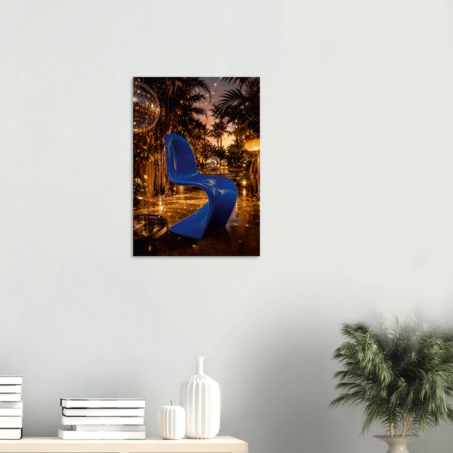 Miami Nights Are Never Blue is a love letter to the hour when the city stops pretending to be subtle. A cobalt blue Panton-inspired chair commands the frame, its fluid S-curve glowing against a backdrop of warm amber light, swaying tropical palms, and the scattered glint of a disco ball. It is bold, cinematic, and completely unapologetic.