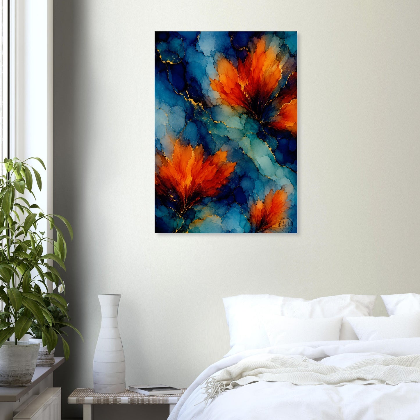 Moody floral giclee print, vivid orange blooms with gold veining against midnight blue & teal. Inspired by original alcohol ink artworks. 200gsm FSC