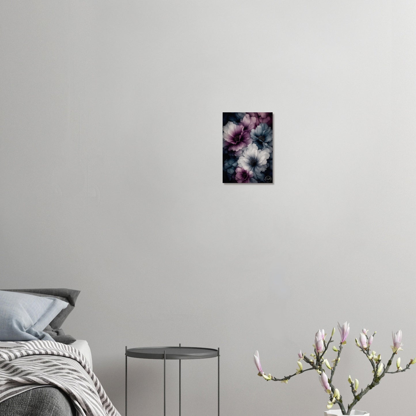 Moonlight Blossom floats into a room like something seen at dusk, moody blues and soft purples layered into blooms that feel luminous and a little otherworldly. This is a print that brings atmosphere, the kind that makes a room feel like dusk is on its way.