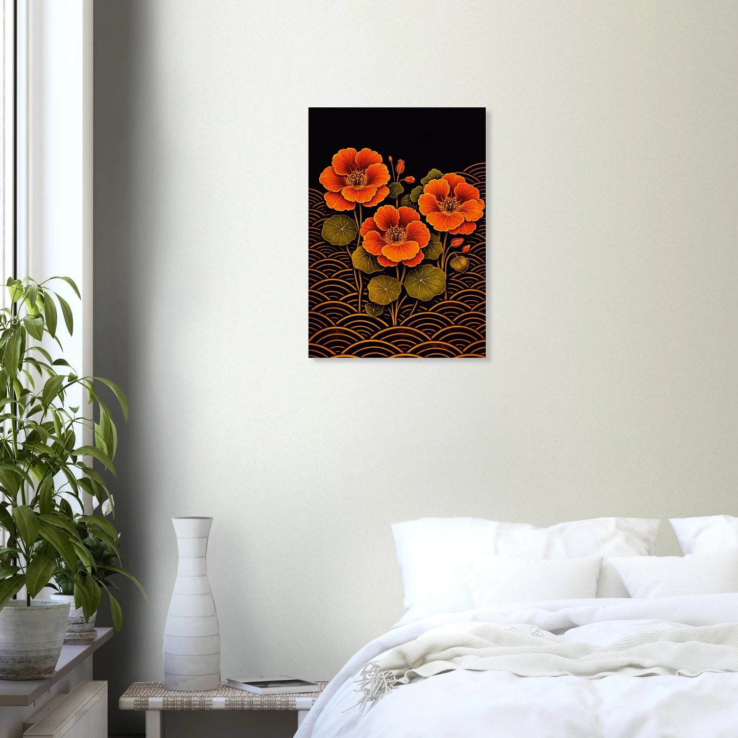 Nasturtiums Bloom is a print for lovers of colour. Vivid burnt orange nasturtium blooms rise from a bed of gold seigaiha wave patterns, bold and luminous against a moody dark background- the kind of composition that brings instant warmth and energy to a room.