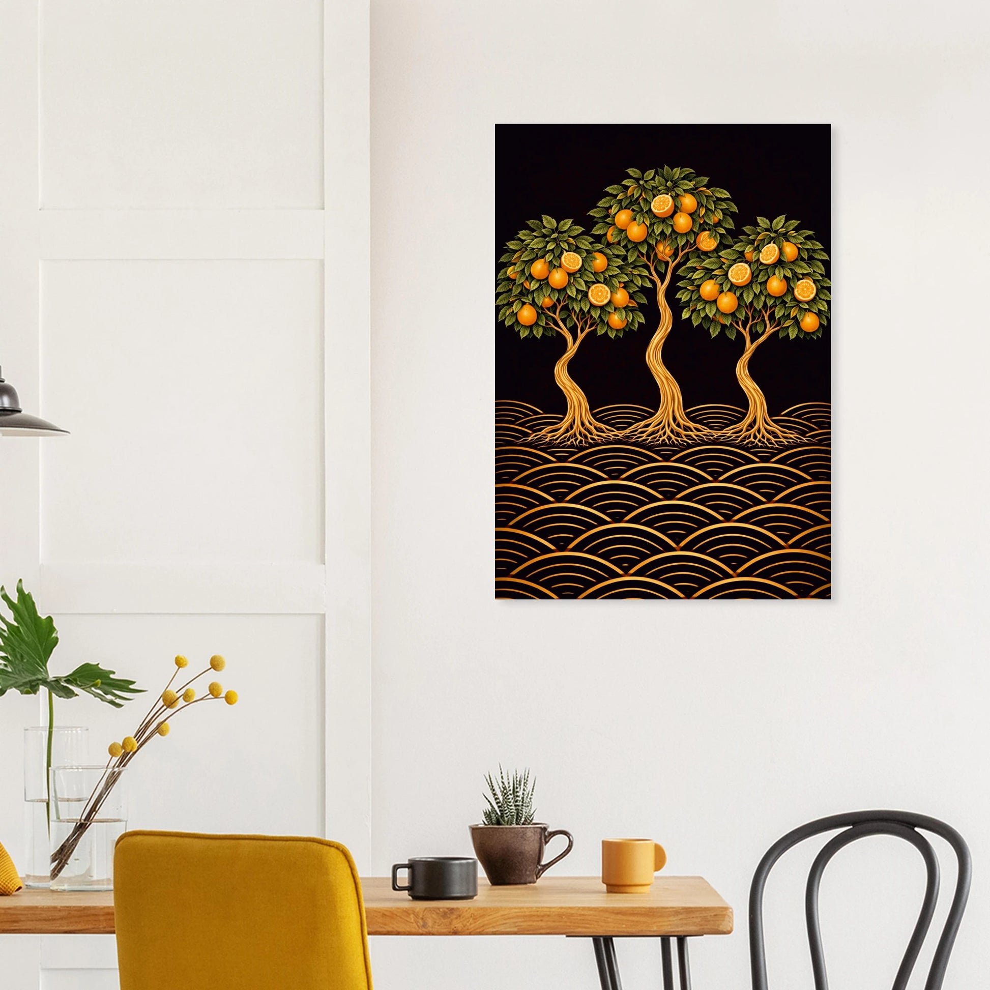 A vertical wall art print depicting two golden citrus trees with green leaves and orange fruits, set against a black background with gold wave patterns below, displayed on a white wall in a dining room setting.