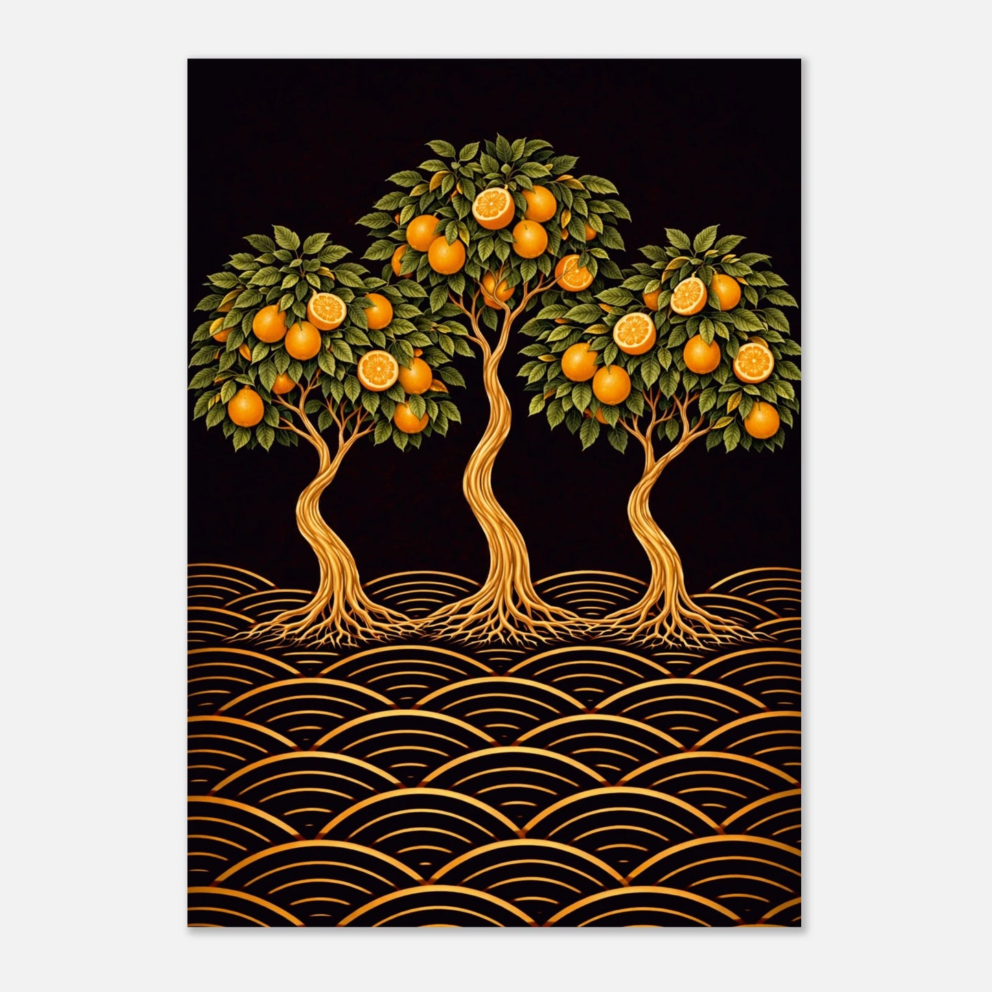 A vertical art print featuring three stylized orange trees with green leaves and glowing orange fruits, set against a black background with gold wave patterns along the bottom. The print is shown centered on a light gray background.