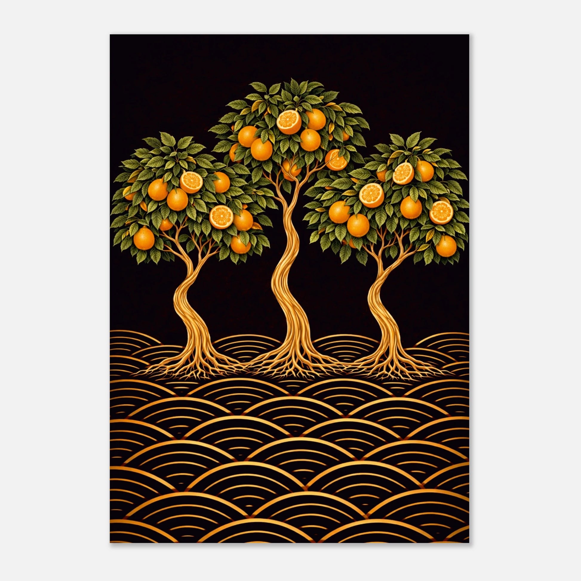 A vertical art print featuring three stylized orange trees with green leaves and glowing orange fruits, set against a black background with gold wave patterns along the bottom. The print is shown centered on a light gray background.