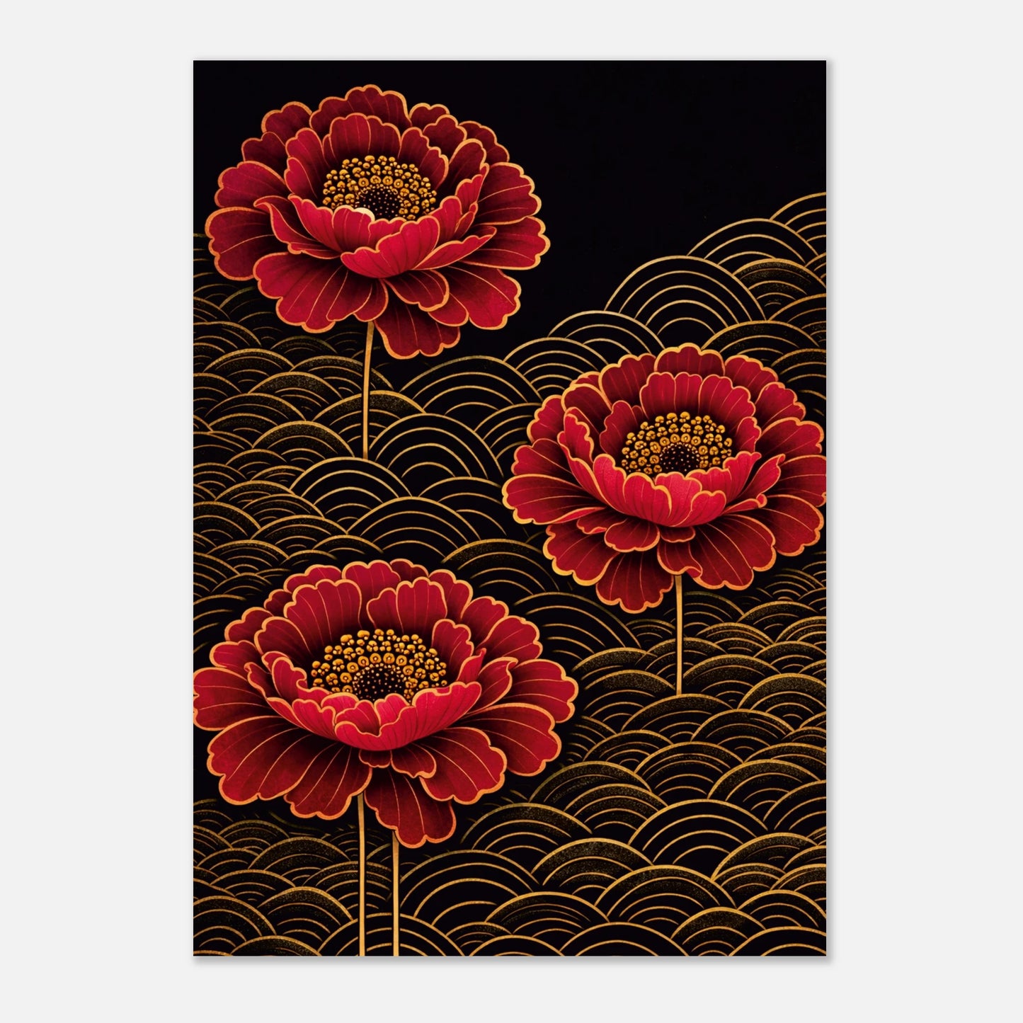 A vertical art print featuring three large red peony-like flowers with gold outlines and yellow centers, set against a black background filled with repeating gold wave patterns.