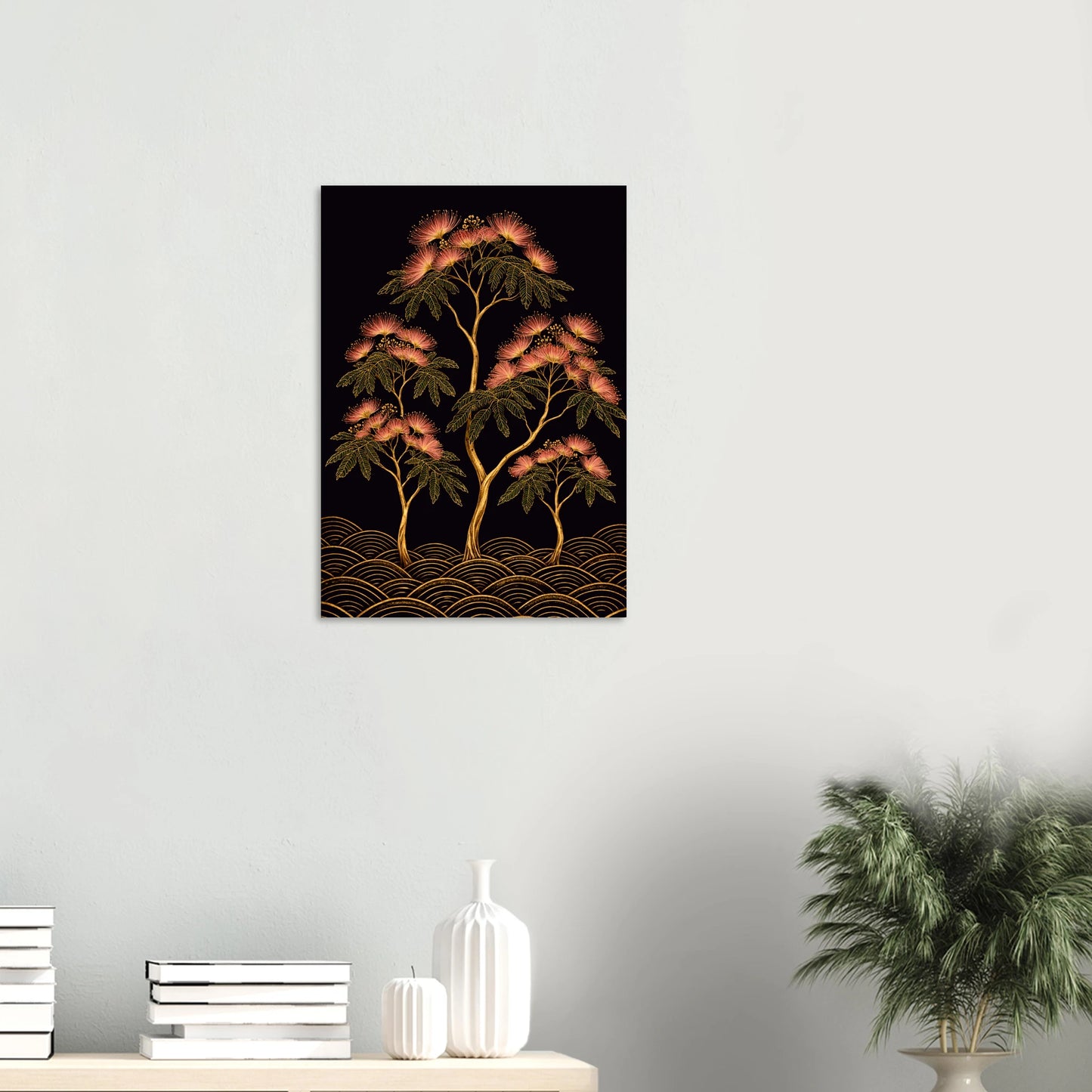 Framed black and white portrait with red accent on a wall above a shelf with decorative items. elizabeth_marshall_silk_tree