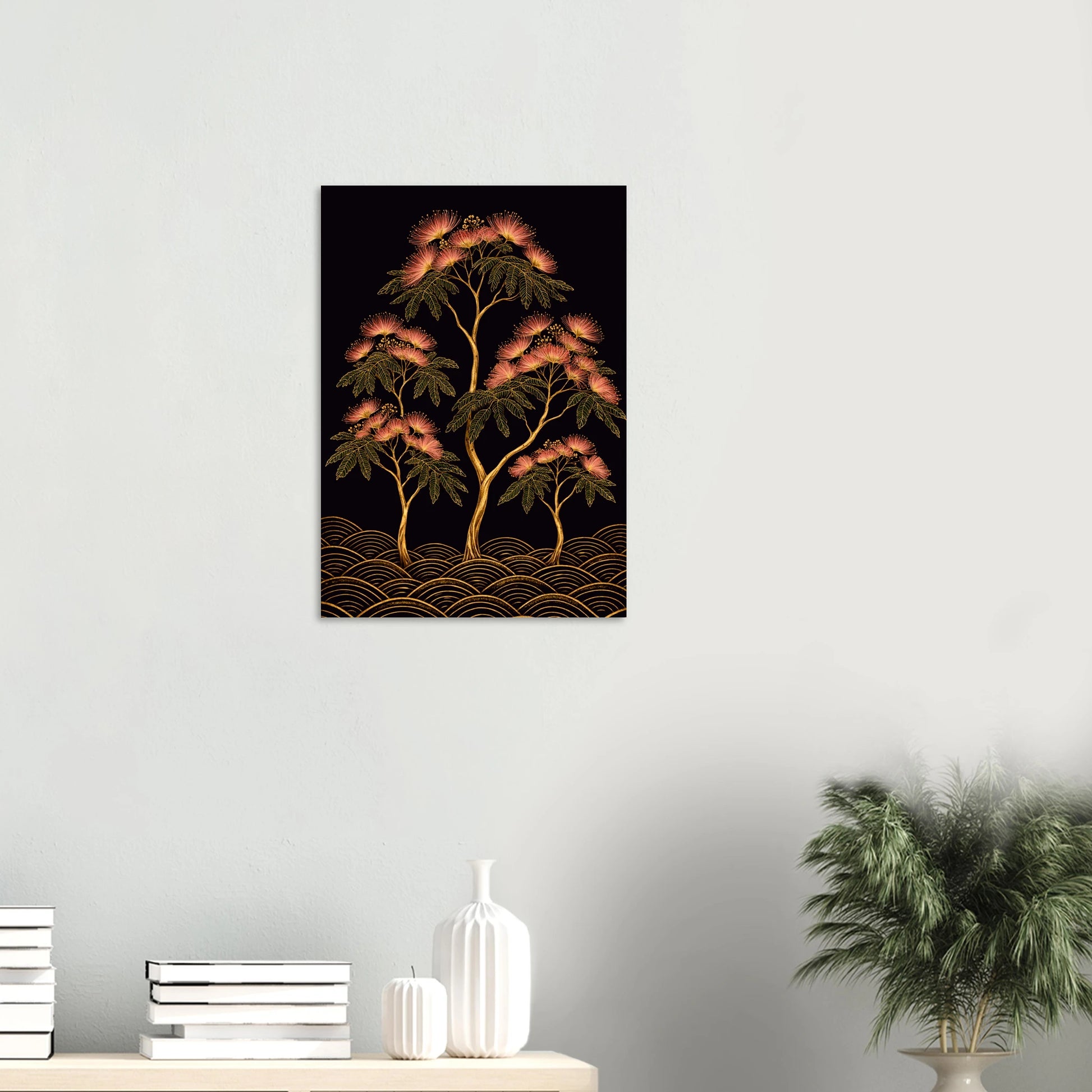 Framed black and white portrait with red accent on a wall above a shelf with decorative items. elizabeth_marshall_silk_tree